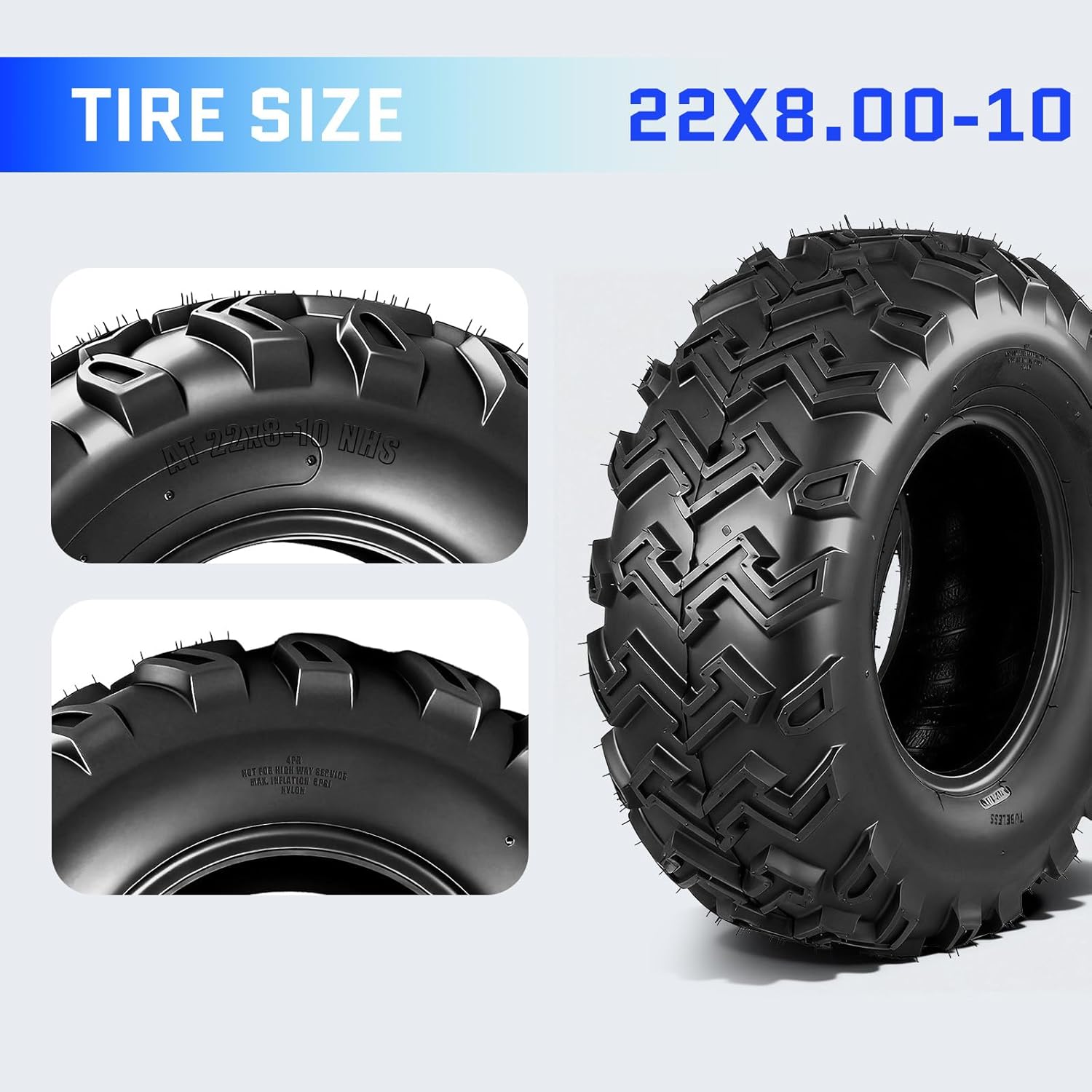 TRIBLE SIX 22x8-10 ATV/UTV Tires Set of 2, 4PR 22x8x10 All-Terrain Tires, Heavy Duty Tubeless, Non-Directional Tread for Mud, Trail, Sand
