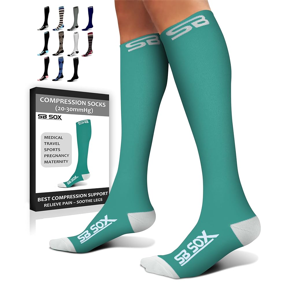 SB SOX Compression Socks for Men & Women (20-30 mmHg) - Best Support Stockings for Travel, Medical, and Sports - Perfect for Everyday Wear (Small, Green/White)