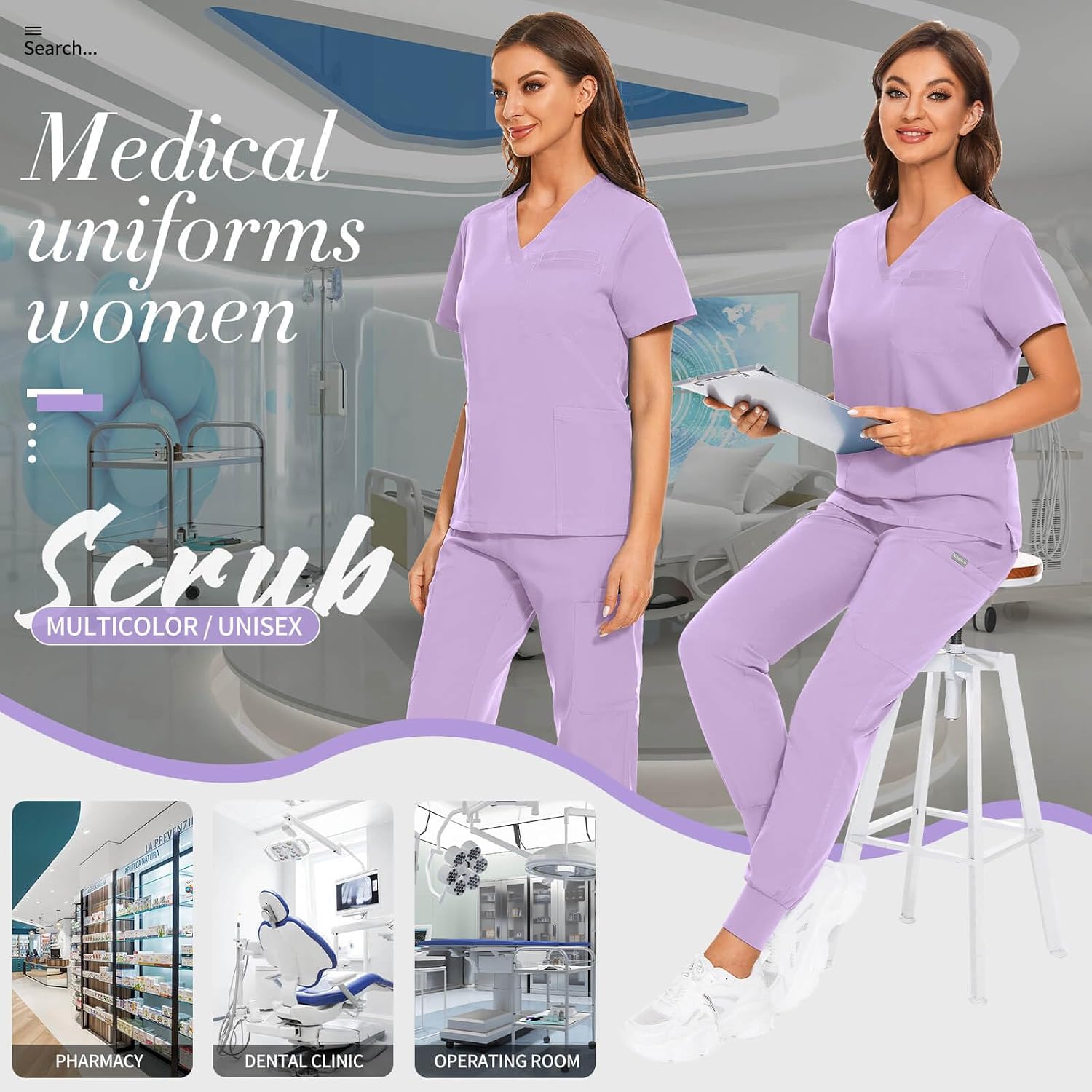 VIAOLI Scrubs for Women Set V-Neck Top & 8 Pocket Jogger Pants Womens Scrubs Nursing Uniform Solid Stretch Medical Scrub Set