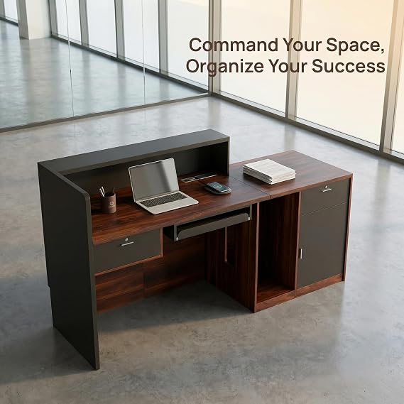 Reception Desk with Counter, Modern Front Desk Reception Counter with Power Outlet, Wireless Charging & LED Light Strip, Large Receptionist Desk for Office Salon Retail Store Lobby