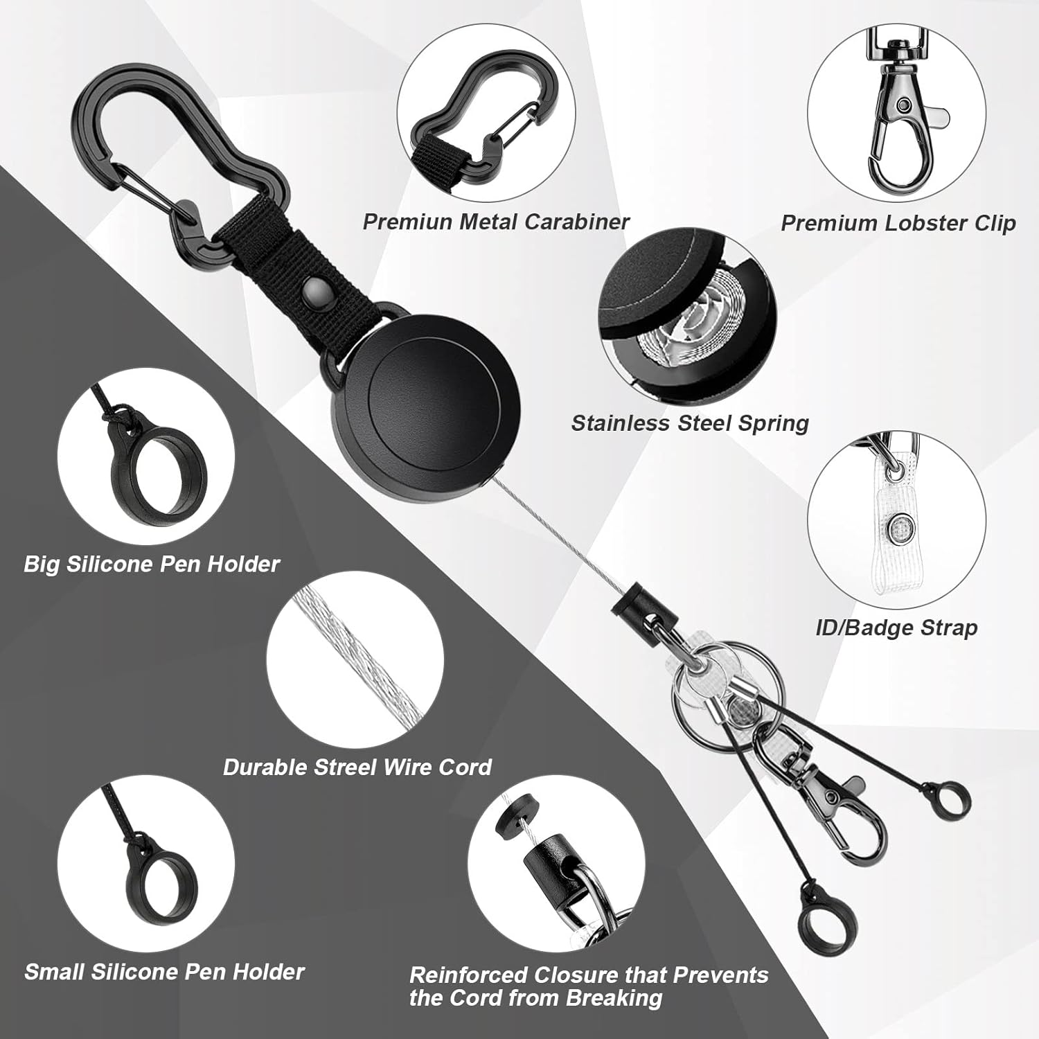 2 Pack Heavy Duty Retractable ID Badge Holder Key Reel with Adjustable Breakaway Lanyard, Carabiner, Key Ring, Pen Holders, Lobster Clip, ID Badge Strap and 32” Retractable Cord, Hold Up to 15 Keys - Image 2