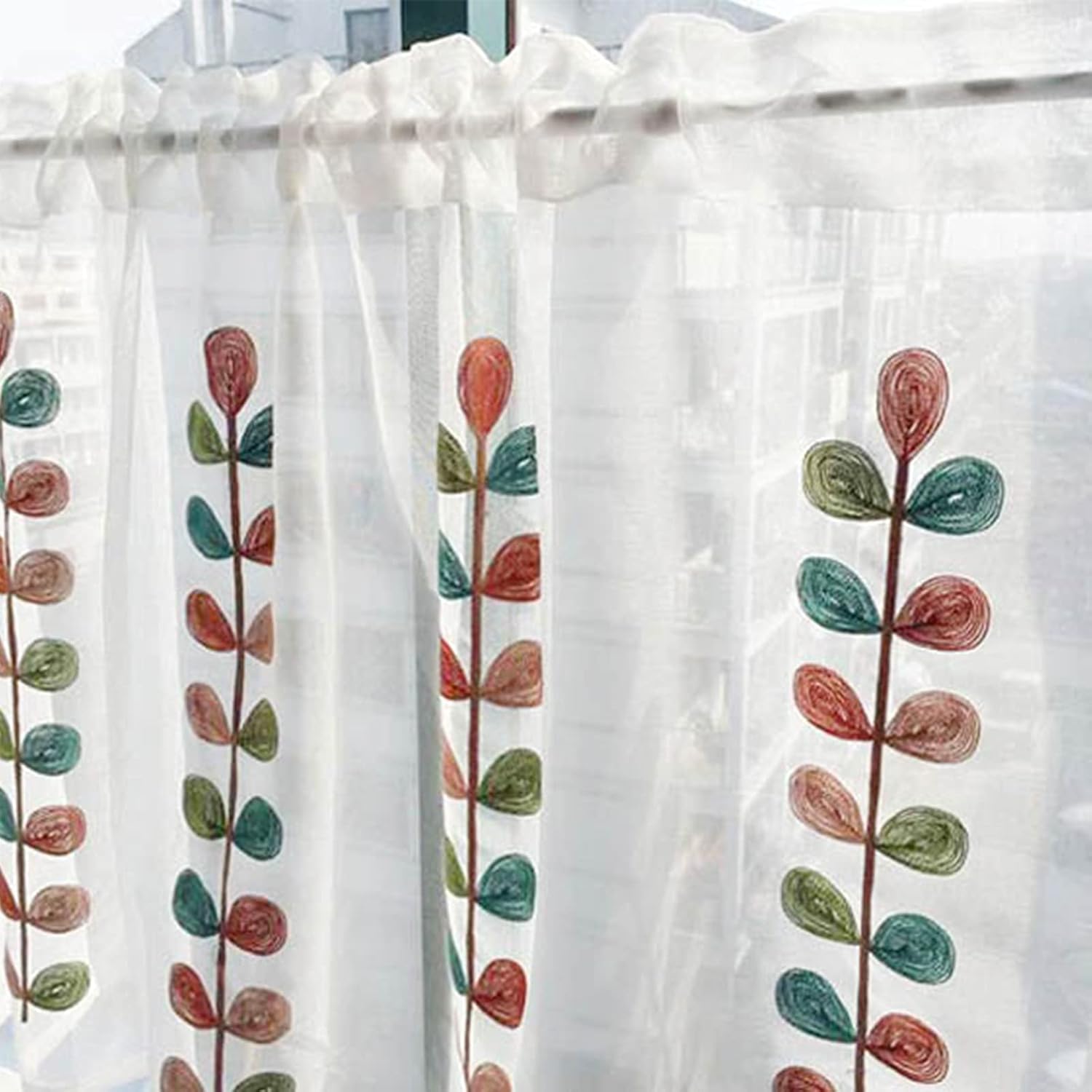 Voile Kitchen Curtains,Embroidered Cáfe Curtain Country Style Bistro Curtain,Tier Curtains Valance,Short Blinds Transparent Curtain,for Door/Balcony/Study/Restaurant