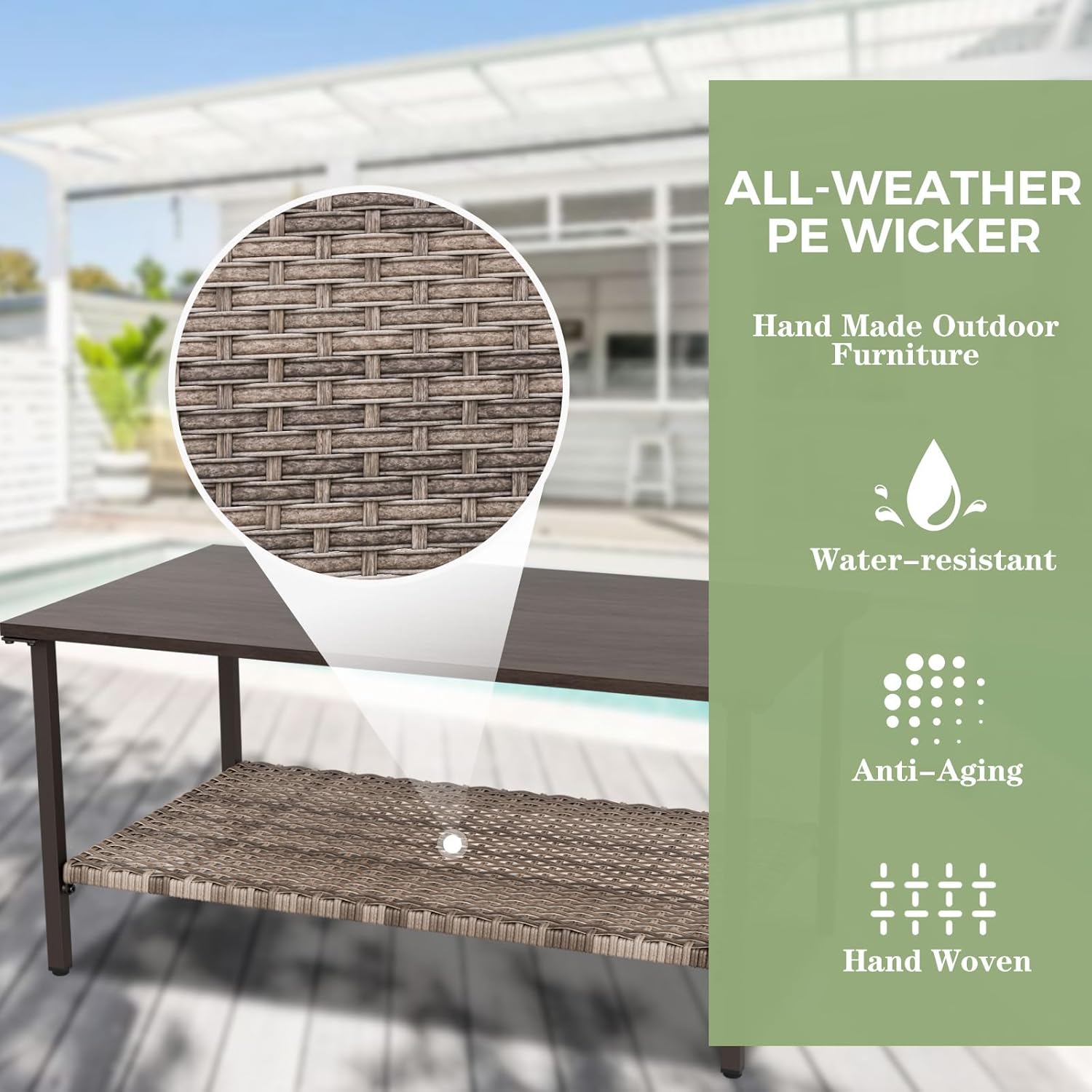 EAGLE PEAK Coastal Vista Outdoor Table with Wicker Shelf for Garden, Patio, Poolside and Porch, Rectangular, Wood Grain Top