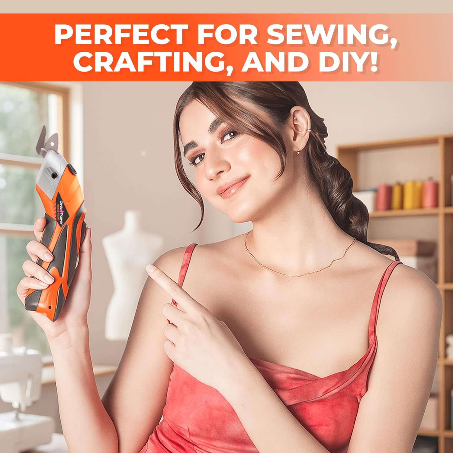 Pink Power Electric Fabric Scissors Box Cutter for Crafts, Sewing, Cardboard, Carpet, & Scrapbooking - Heavy Duty Professional Shears Cutting Tool - Automatic Cordless Scissors Fabric Cutter (Orange)