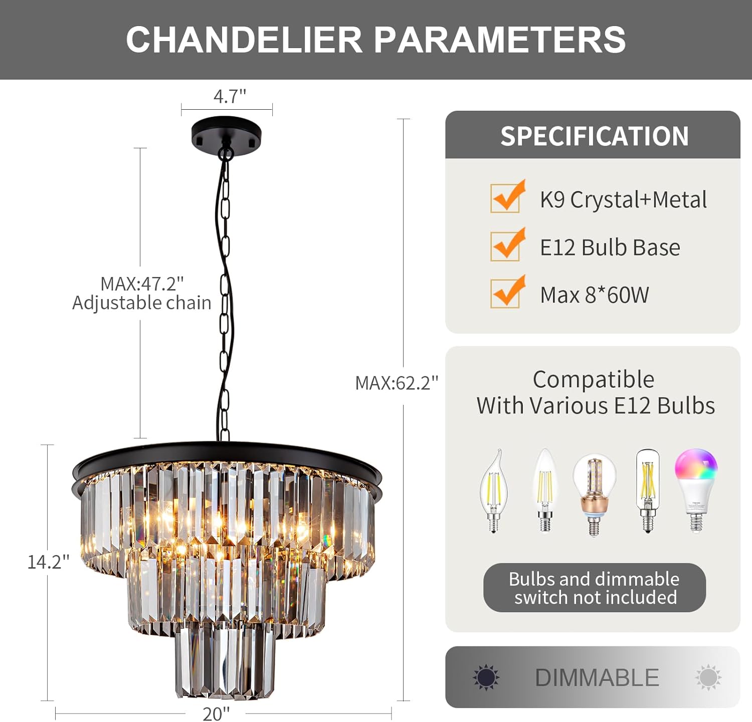 8 Light Black Crystal Chandelier 20'' Luxury Smoke Modern Dining Room Light Fixture 3-Tier Round Hanging Pendant Ceiling Lighting for Entryway Foyer Living Room Adjustable Height E12