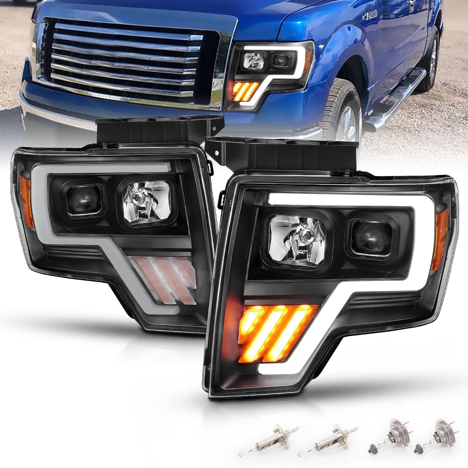 AmeriLite For 2009-2014 Ford F150 Truck LED Tube Projector Black Replacement Halogen Headlights Set - Passenger and Driver Side