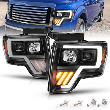 AmeriLite For 2009-2014 Ford F150 Truck LED Tube Projector Black Replacement Halogen Headlights Set - Passenger and Driver Side