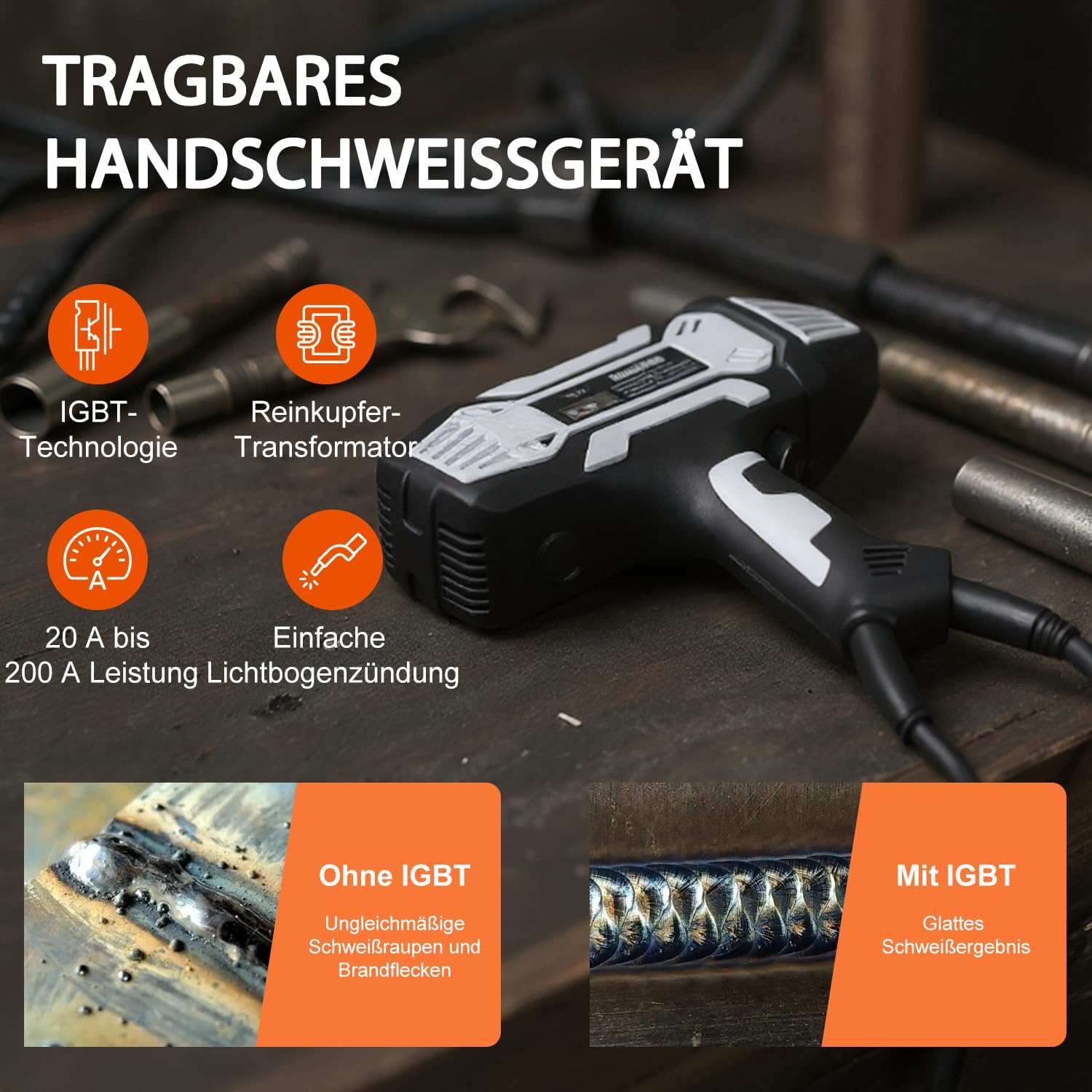 VOBOR Elektroden Schweißgerät, 200A Tragbares Handschweißgerät ARC mit IGBT Inverter, 220V Lichtbogenschweißgeräte für 1,6-3,2 mm Drahtstangen, Mini Schweissgerät