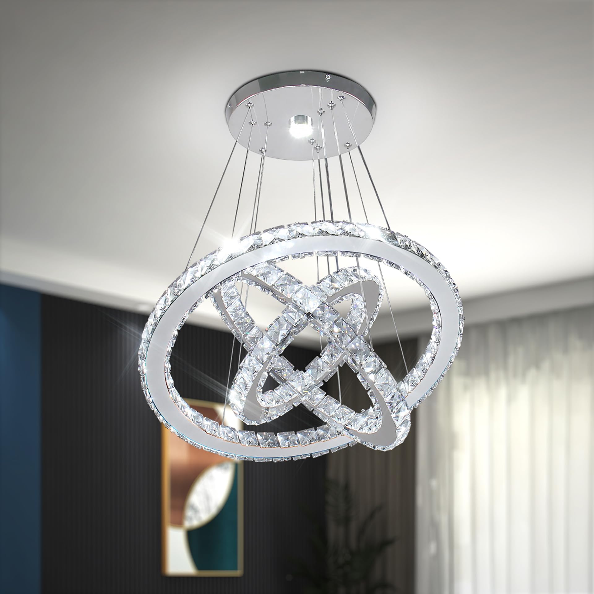 CLAIRDAI Modern Crystal Chandelier LED Chandeliers 3 Ring Pendant Light Adjustable Stainless Steel Ceiling Light Fixture for Dining Room Bedroom