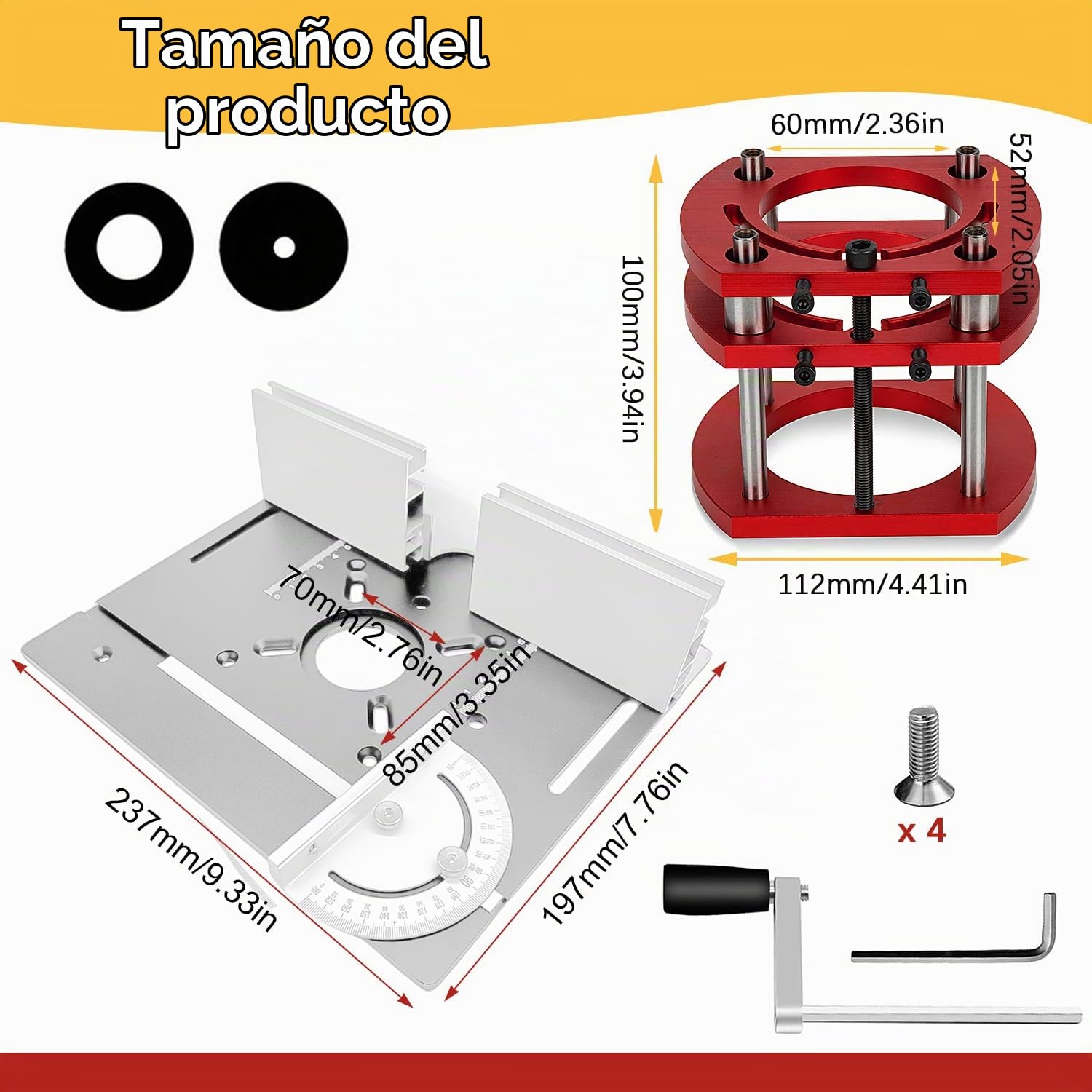 Mesa Fresadora para Madera Aluminio, Kit De Sistema De ElevacióN De Mesa Para Fresadora, SujecióN De 4 Mordazas, Router Table Lfit para CarpinteríA, Ranurado Y Recorte(Plata+Rojo)