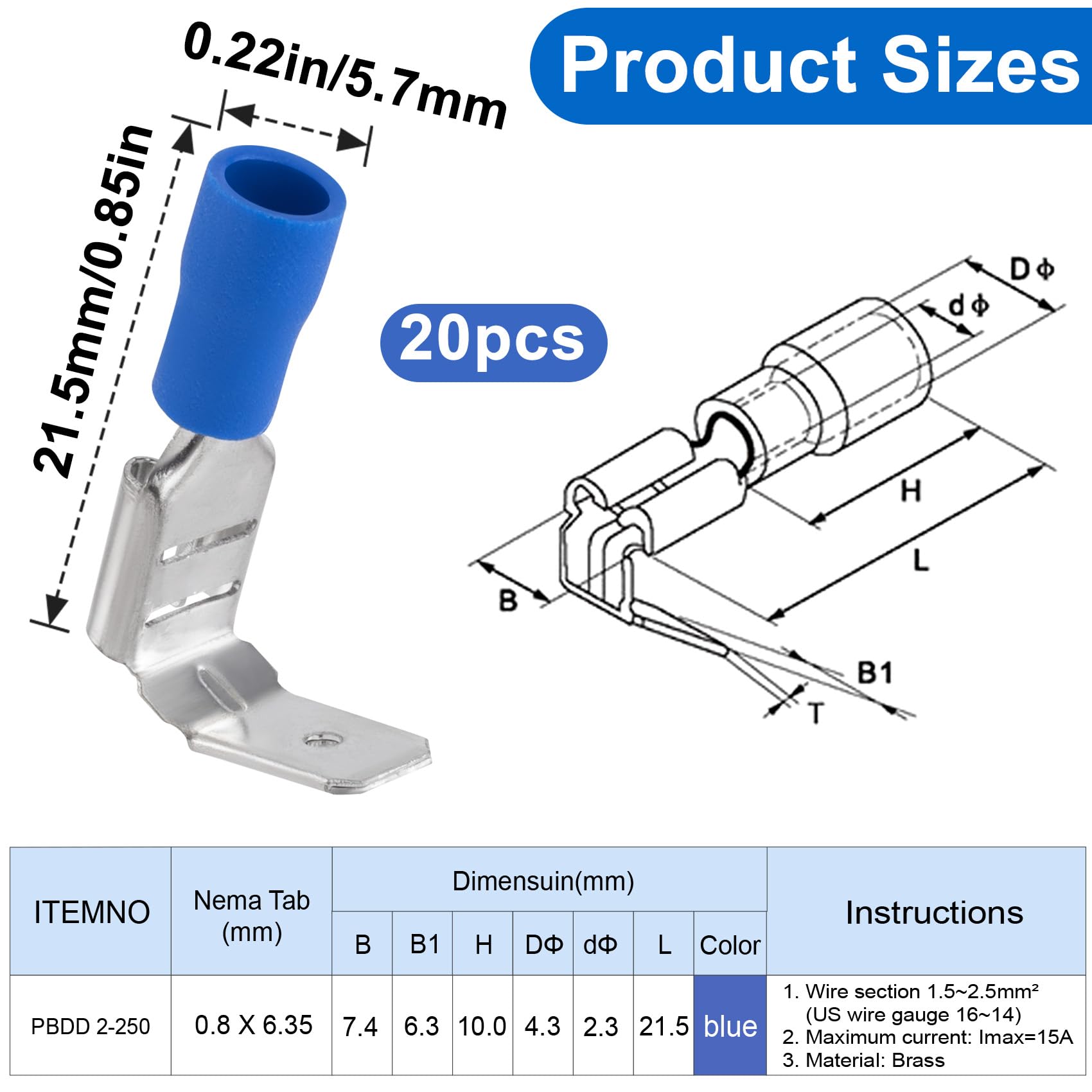 ANCIRS 20pcs Semi-Insulated Piggyback Spade Connectors, Quick Disconnect Piggyback Spade Assortment Kit, Female/Male Cable Crimp Terminals, Blue, 16-14 AWG
