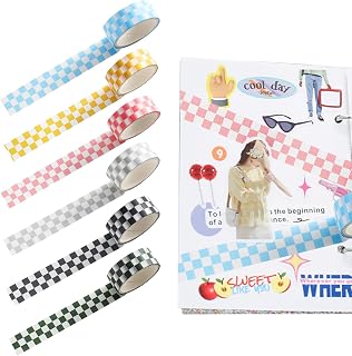 6 Pack Colorful Washi Tape, Checkered Ribbon Compact Checkerboard Pattern Paper Tape, DIY Fade-Resistant Arts and Crafts Tape Adhesives Craft Supplies Craft Supplies