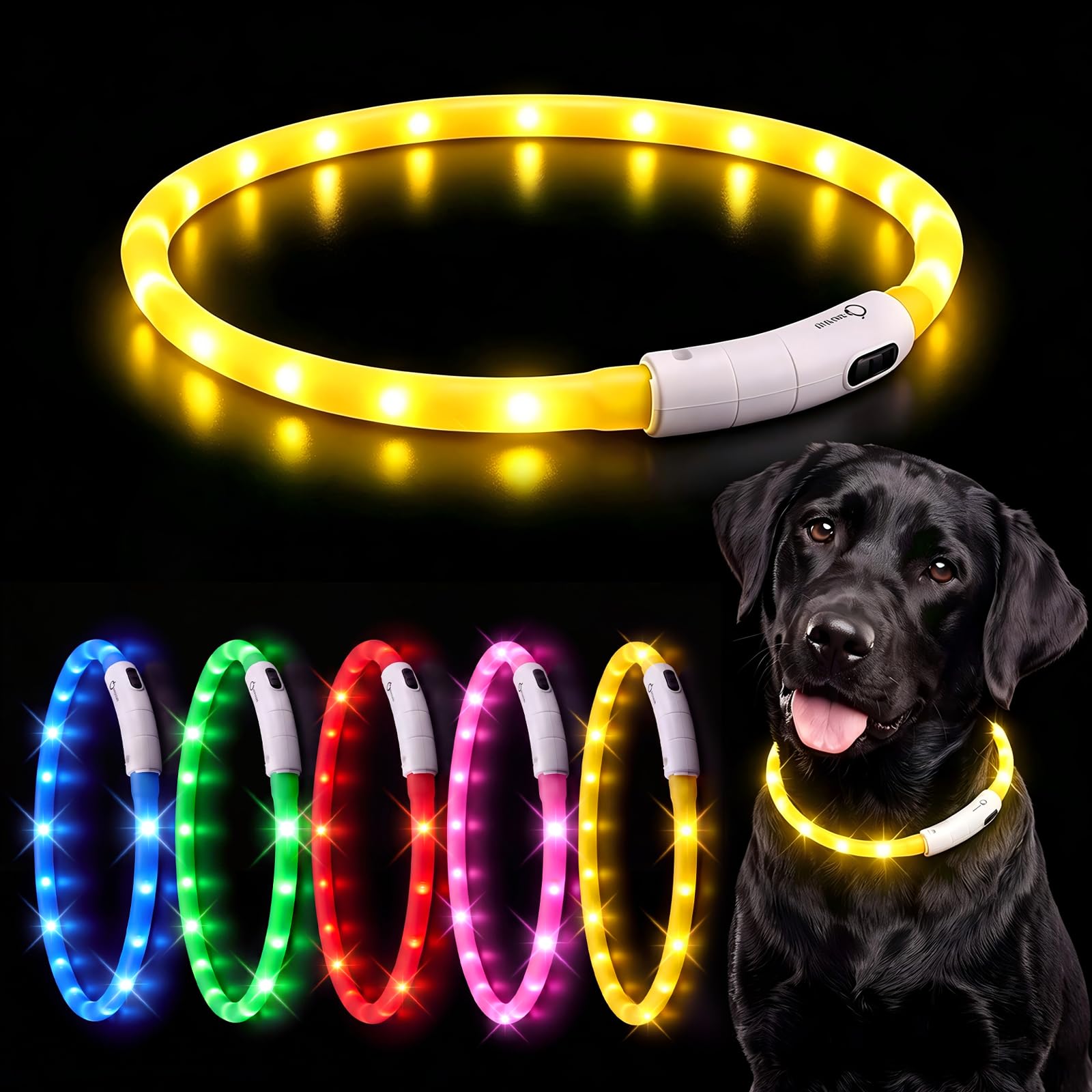 Light Up Dog Collar Rechargeable, LED Dog Glowing Collar Waterproof with 3 Flash Modes for Night Walking Safety, Cut to Fit for Small Medium Large Dogs, 70cm, Yellow