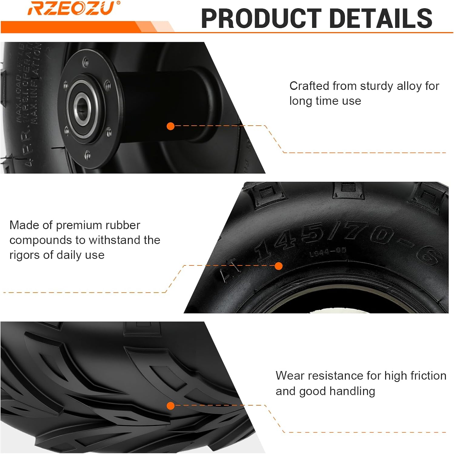 145/70-6 Tires, Mini Bike Wheels Rim and Tires Assembly Kit Replacement for Coleman CT100U CC100X Baja DB30 Monster Mega Moto 80cc 105cc MMB80 Motovox Minibike Go Kart Parts Rear V-Tread Tire