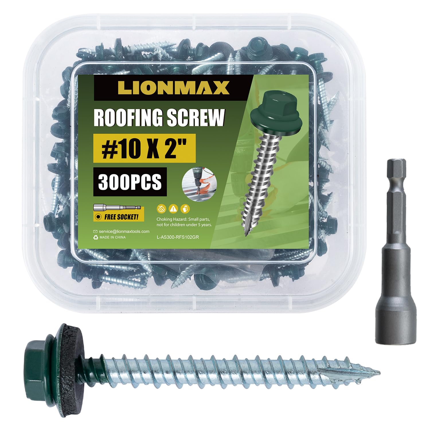 LIONMAX Metal Roofing Screws #10  2 Inch, 300-PCS, Forest/Ivy Green Painted Hex Head Sheet Metal Roof Screws, Rubber Washer, Sharp Point, Metal to Wood Siding Screws, Hex Socket Included