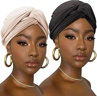 DRESHOW African Turban for Women Knotted Hairwraps Headwraps Ribbed Turban Stretch Jersey Head Scarf Chemo Cancer Cap