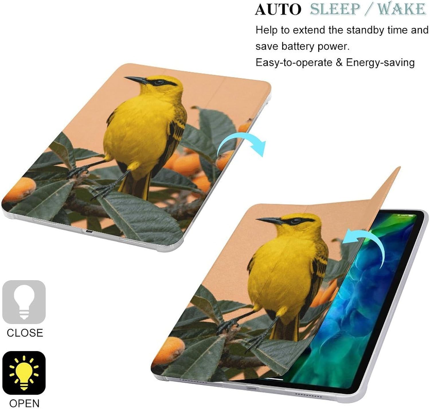 Black-naped Oriole Loquat 12.9 in Trifold for iPad Case with Pencil Holder image 3