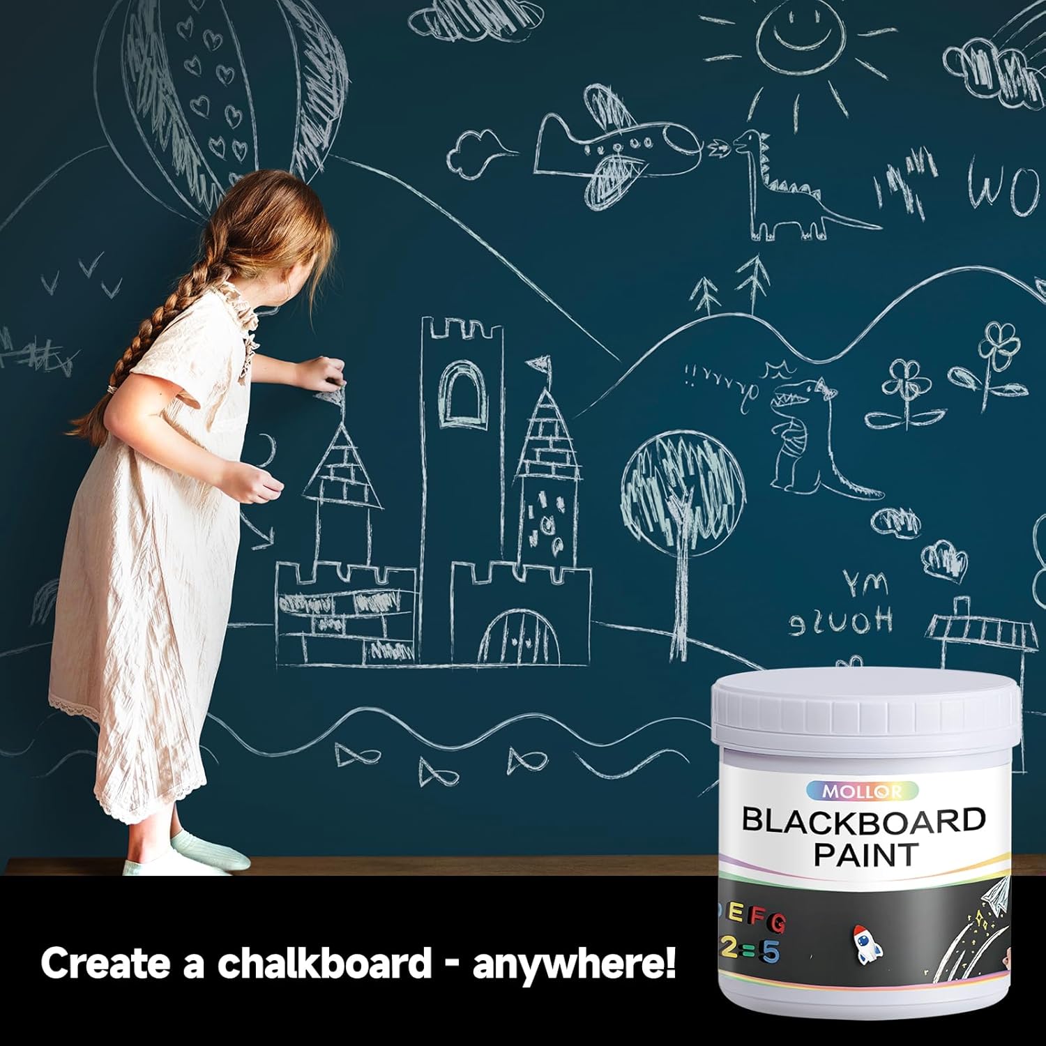 Chalkboard Paint Black Chalk Board Paint for Wall, Wood, Metal, Glass, Plaster Boards Sign, Frame or Any Surface, Use with Chalk Pen Wet Erase, Non-Toxic, Quick-Dry - 1000g, 32Oz Cover 130 sf
