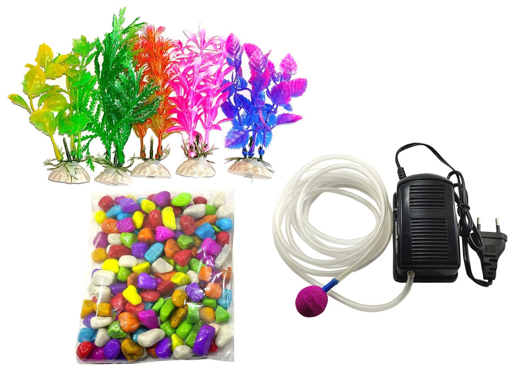 One Top Aquarium Decoration Combo kit for Fish Tank Bowl Decor Multi Pack Air Pump,air tubing, Air Stone,Plant 5 nos (Multi Color Stones 1 kg) (B0BP1P89RS) Amazon Price History, Amazon Price Tracker