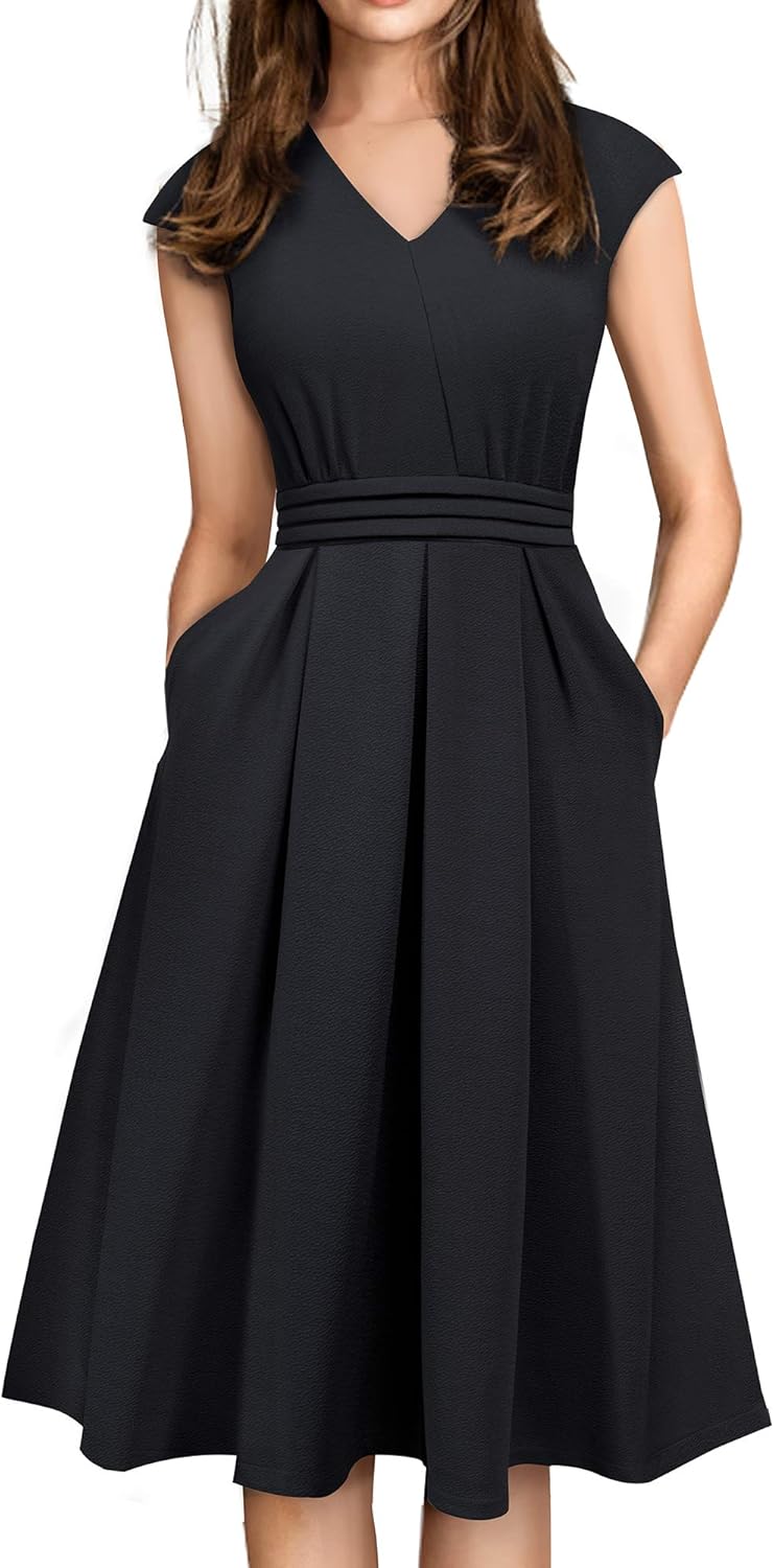 HOMEYEE Women's Vintage 50s Cap Sleeve Pleated Waist Cocktail Retro Flared Dress with Pocket A196