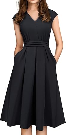 HOMEYEE Womens Vintage 50s Cap Sleeve Pleated Waist Cocktail Retro Flared Dress with Pocket A196