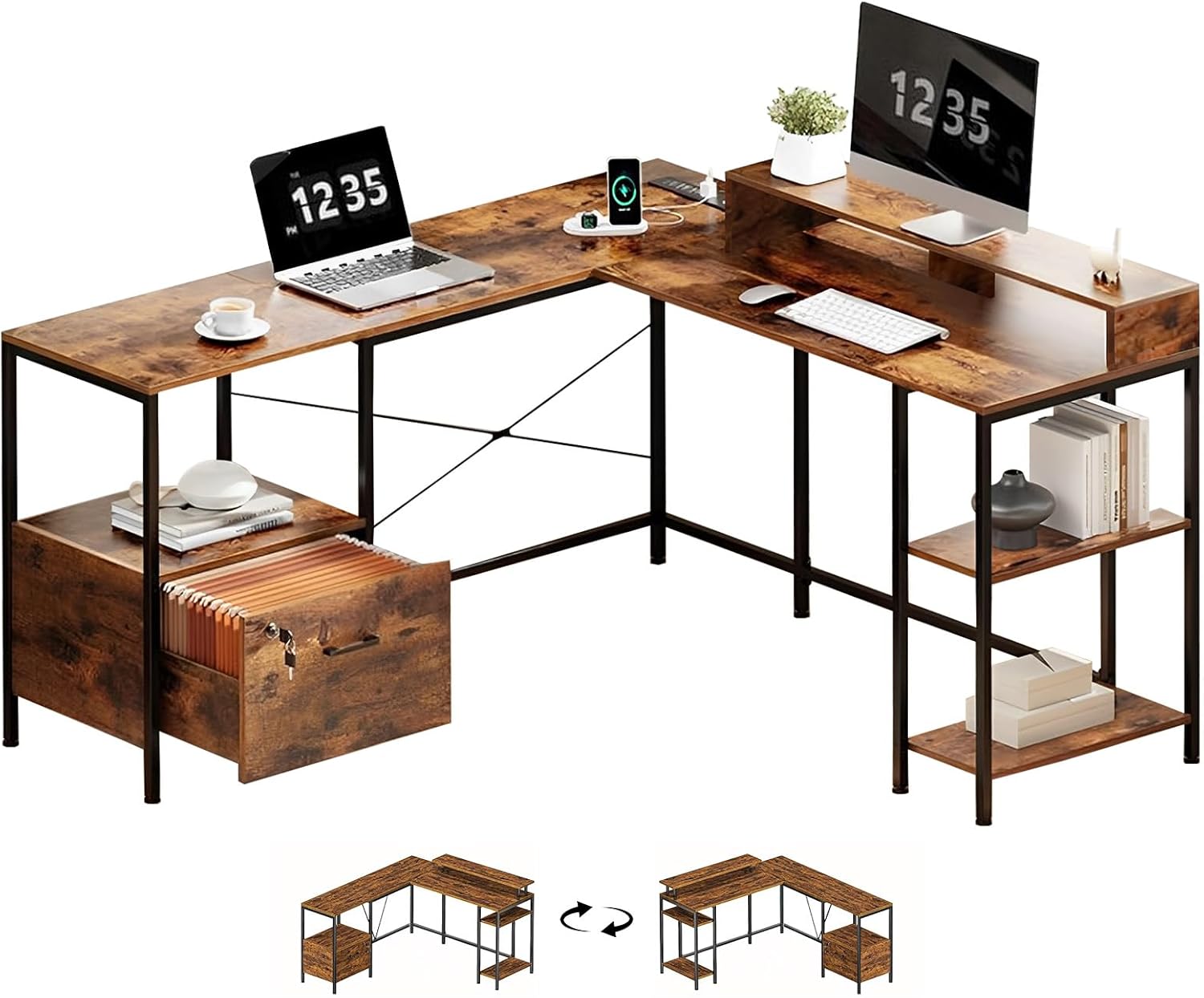 L Shaped Computer Desk, 140x144.5x75.5cm Drawer Gaming Desk with Key, Reversible Home Office Desk with Monitor Shelf for Home Study or Work