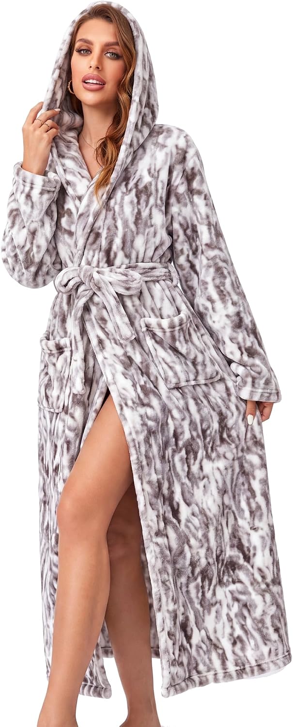 RONGTAI Women's Plush Hooded Robe Bathrobe-Fast Warmth for Home