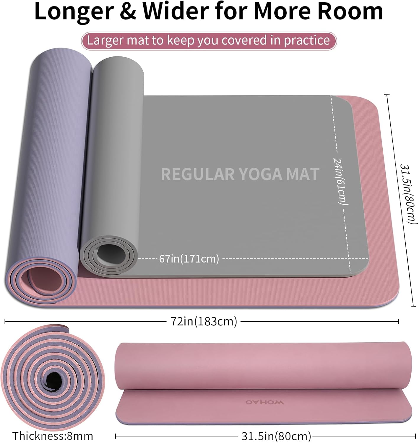 Extra Thick 8mm Yoga Mat, 72"x28" Non Slip Exercise Mat, Reversible 2-Sided Dual Color Premium POE Material, with Carrying Strap for Yoga, Pilates, Home Gym