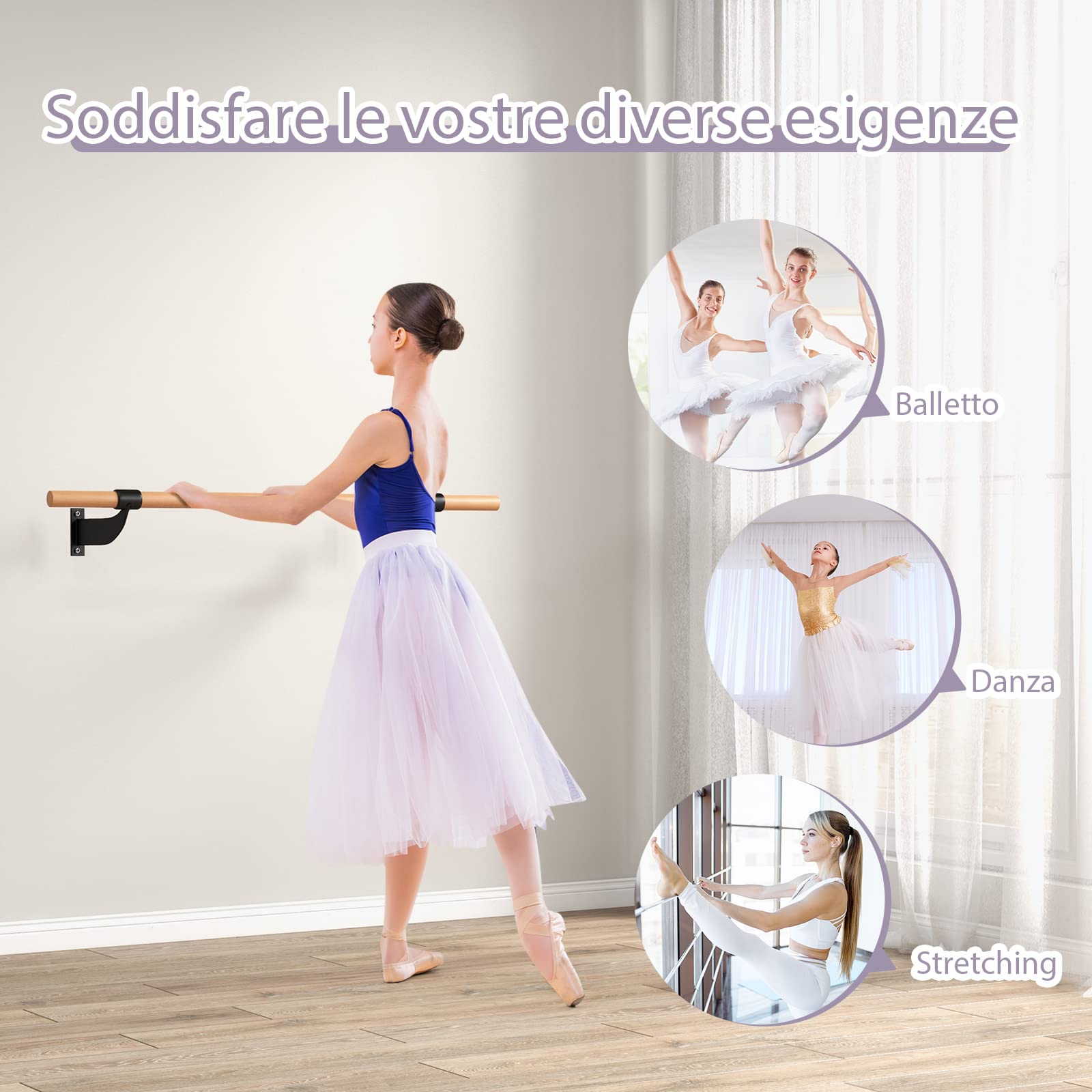 COSTWAY Sbarra Danza Classica da Parete, Barra per Balletto Singola, Idelae per Yoga, Stretching, Allenamento e Pose di Balletto, 120 x 15,5 x 31 cm