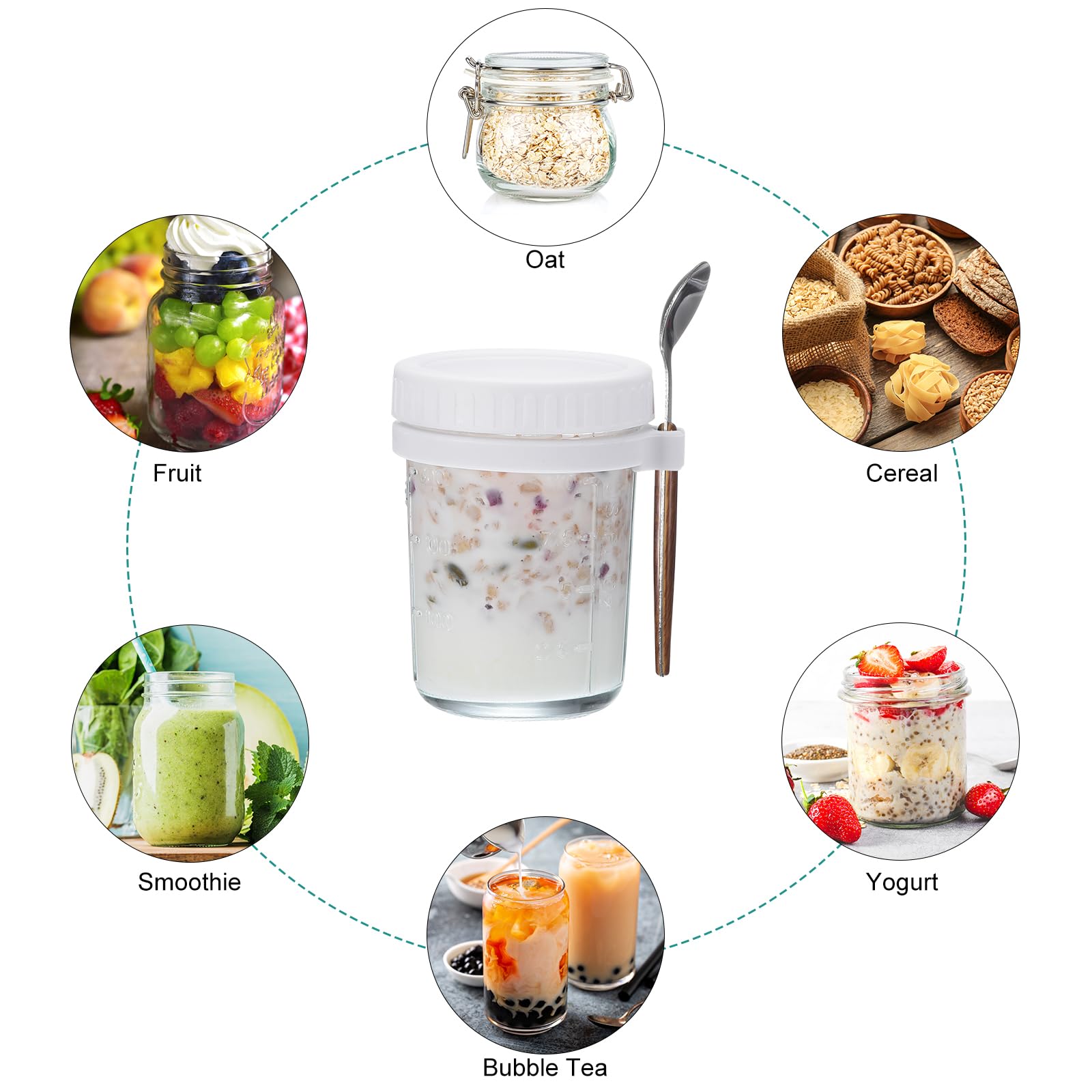 uxcell Recipientes de avena nocturna con tapas, 6 unidades, tarros de avena nocturna de 10 onzas con cucharas y marcas de medición, tarros de vidrio Mason para cereales de leche (blanco)