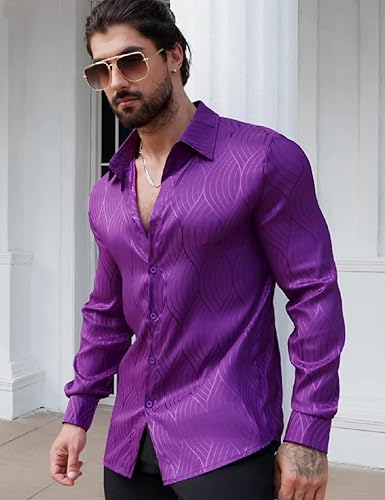 Miniatura 4 de ZSJR Camisa de vestir de satén metálico para hombre, de lujo, jacquard, de manga larga, informal, con botones, camisas de seda