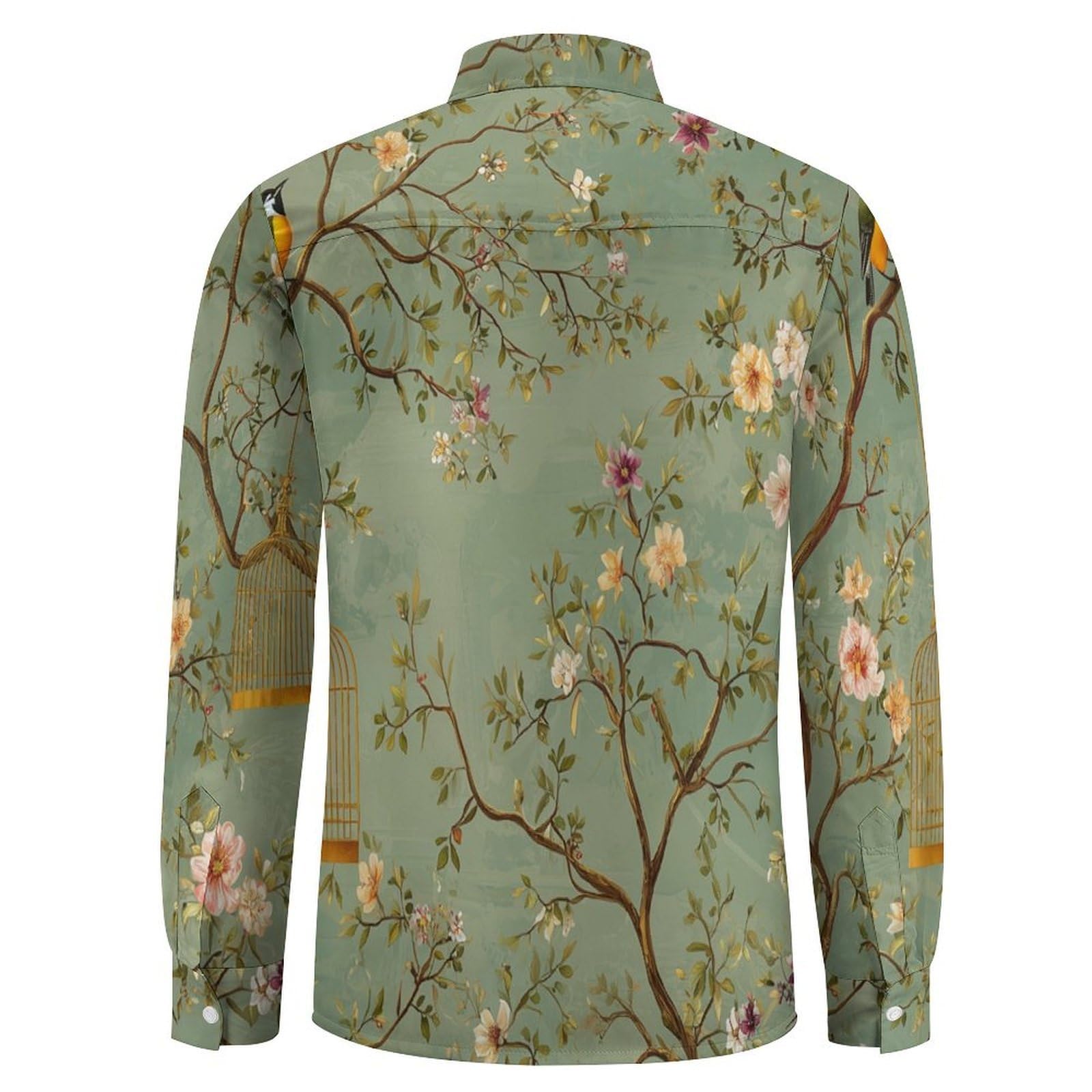 Hombres Camisa de Manga Larga Verde de Lino para con Bolsillo y Corte Regular Fit para Ocasiones de Playa y Vestir Casual Camisa de Verano Pájaro De Rama De Árbol Retro
