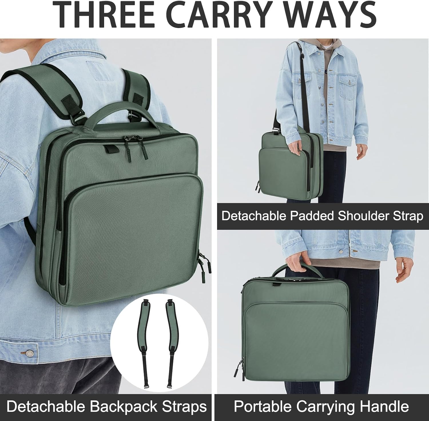 zipper binder bag, 2-inch 3-rings with multiple pockets file folder - 500 sheet capacity, up to 14‘’ laptop and tablet, detachable backpack straps & shoulder use for school dark green