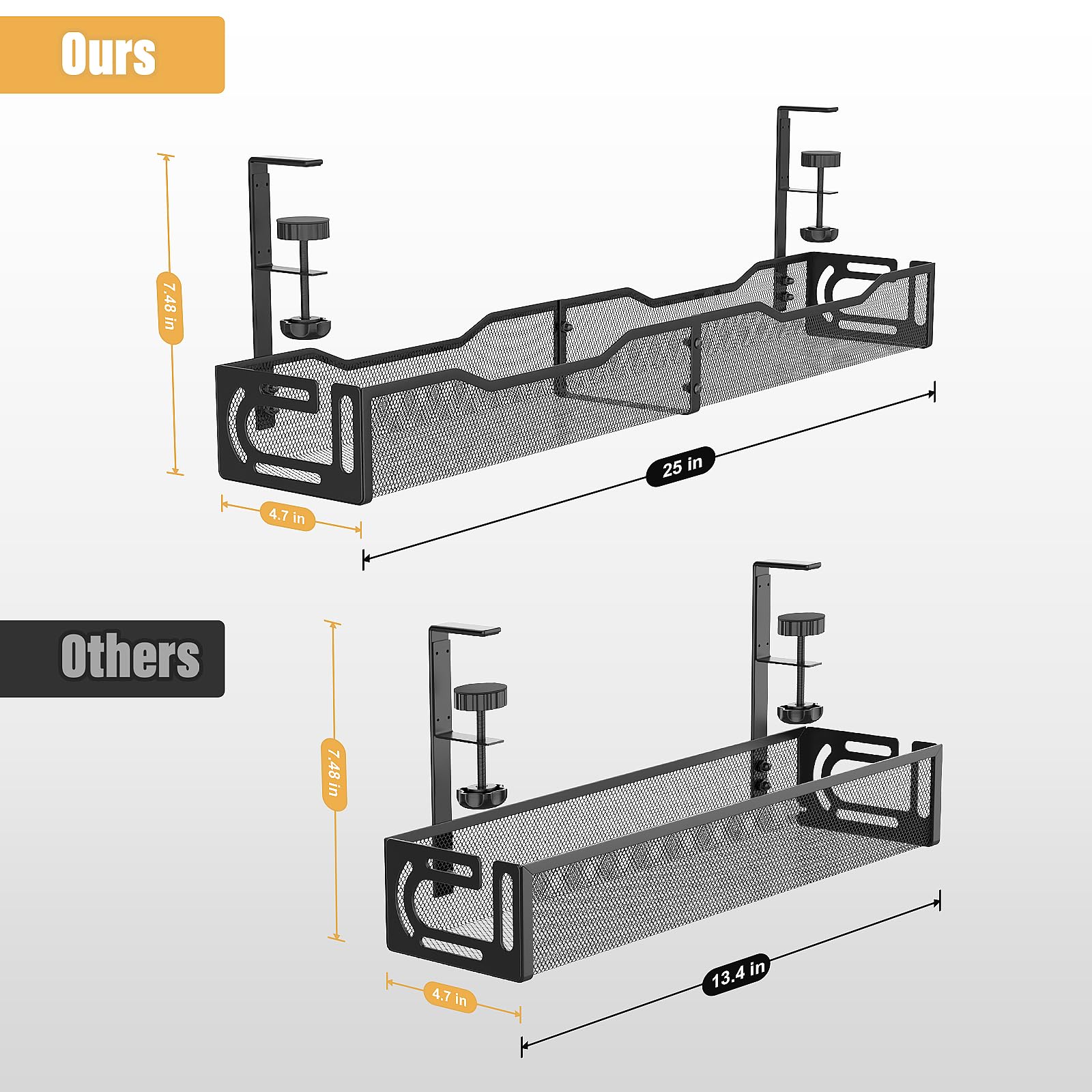 Bandeja de gestión de cables, juego de 2 piezas, cesta organizadora de alambre sin taladro para escritorio, almacenamiento de cables de extensión con clips sin tornillos, ideal para el hogar, oficina
