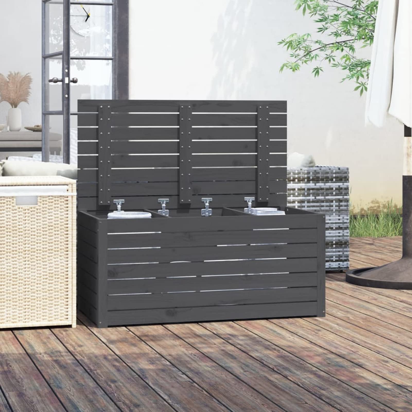Homgoday Caja de jardín gris 101 x 50,5 x 46,5 cm madera maciza de pino, muebles, baúles y baúles para exteriores, porta herramientas de jardín, puf de exterior, baúl de exterior