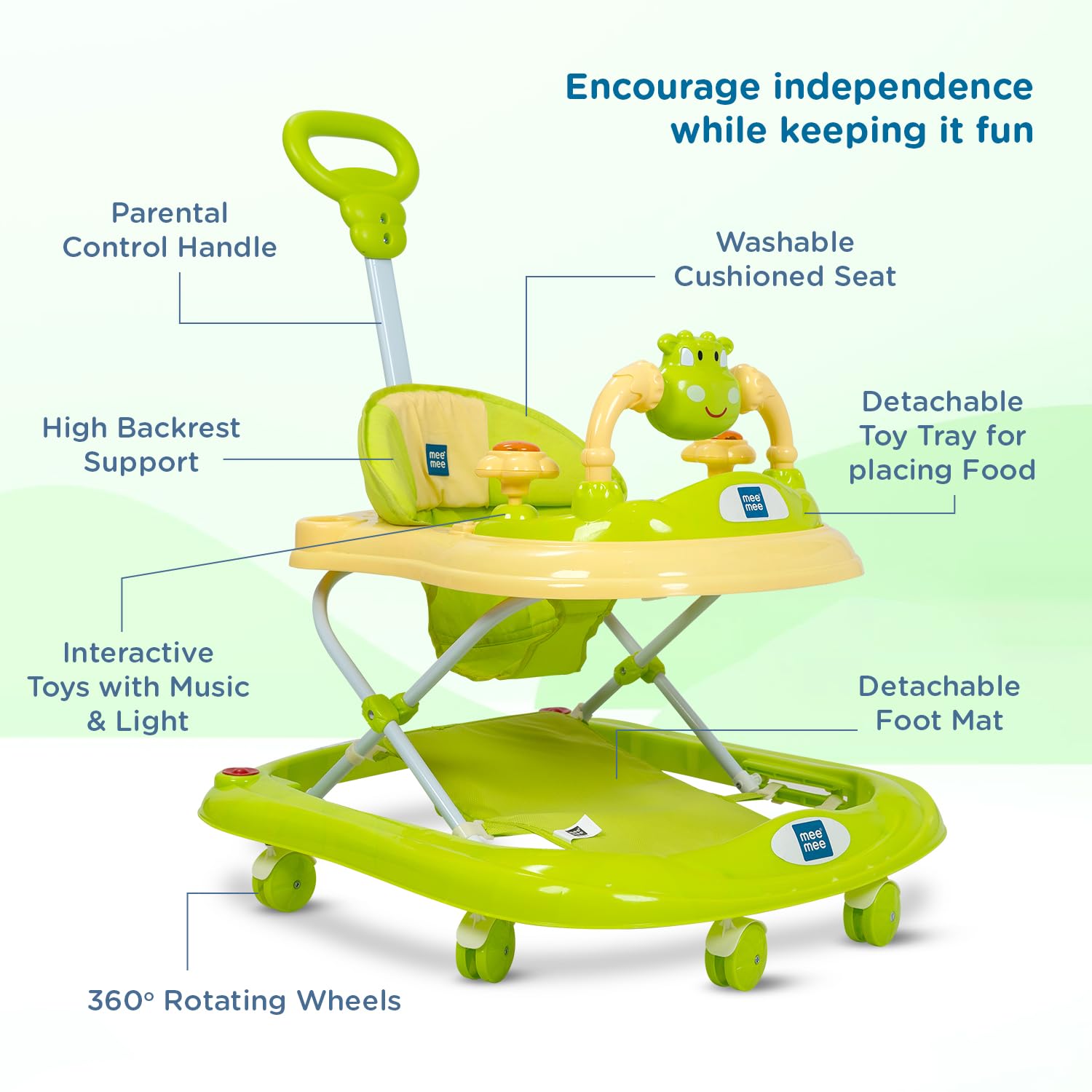 Mee Mee 360° Baby Activity Walker | 3 Level Adjustable Height, Foot Mat, Musical Detachable Toy Bar | Parental Push Handle, Anti-Rollover Folding Walker for Boys, Girls, Kids | 6-18 Months 15kg-Green - Image 4 thumbnail