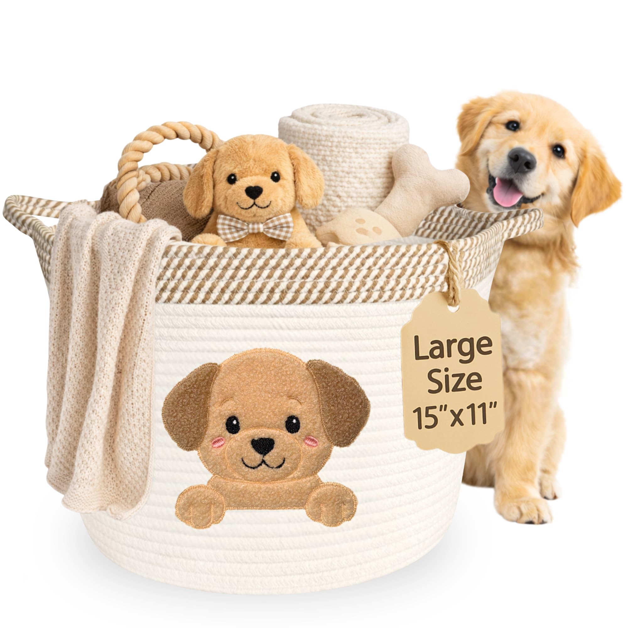 Golden Retriever and Lab Dog Toy Basket, Cotton Rope Storage Bin, 15x11 in