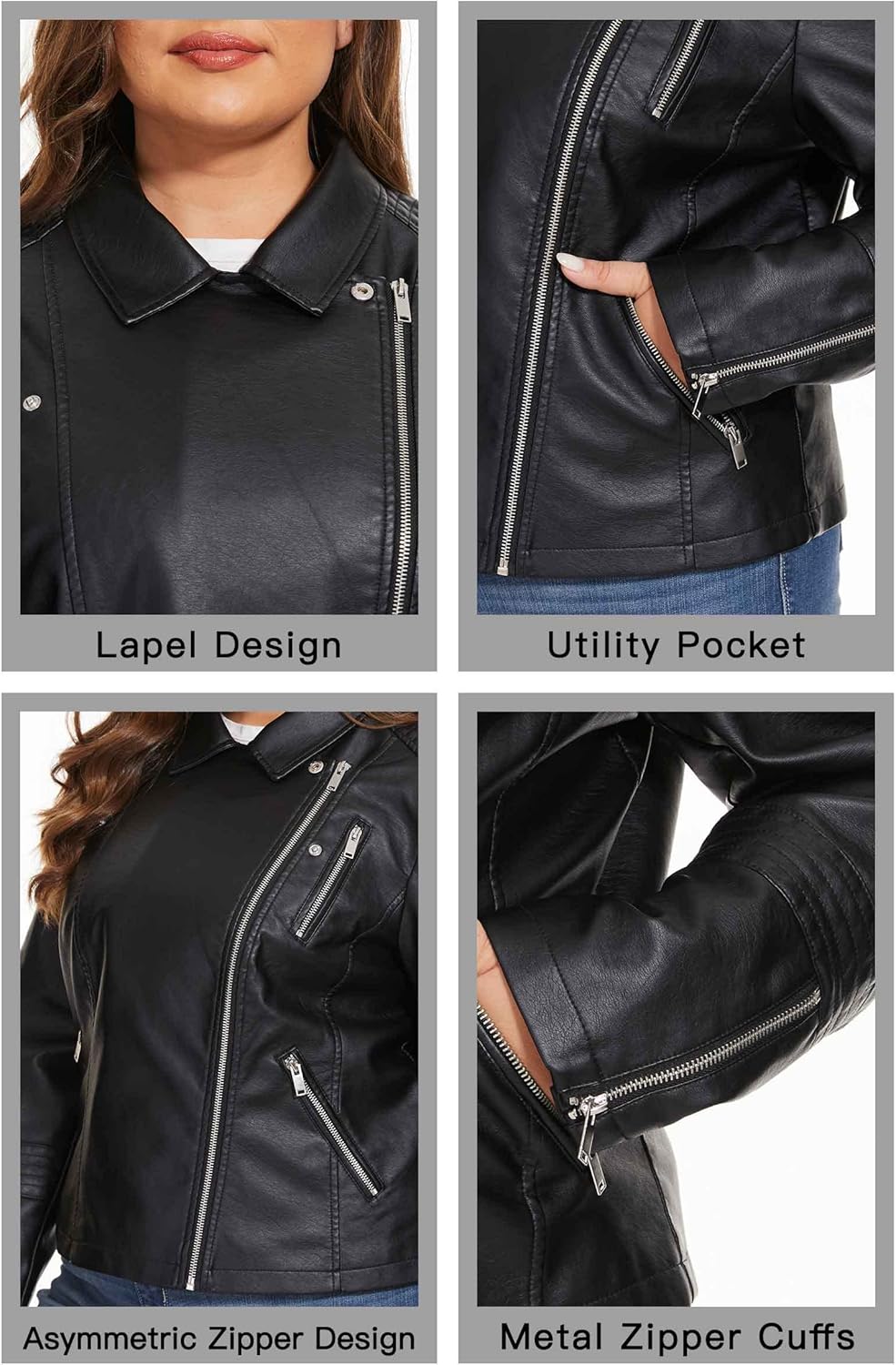 Fahsyee Women's Faux Leather Jackets, Zip Up Motorcycle Short PU Moto Biker Outwear Fitted Plus Size Coat - Image 6