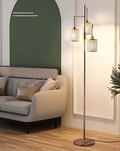 Miniatura 9 de Lámpara de pie industrial, lámpara de pie regulable, lámpara de árbol dorado, lámpara de pie con 3 elegantes pantallas de cristal para sala de