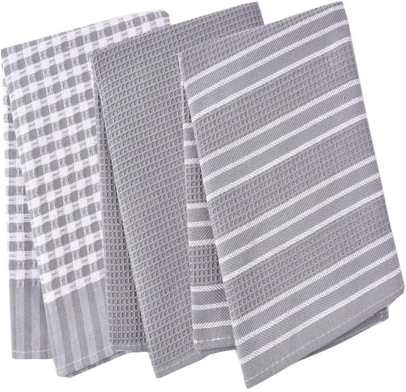 Classic Tea Towels,100% Cotton Kitchen Towels,Waffle Weave Dish Cloths,Vintage Design,3 Pack in Large Size 45x65cm (Grey)