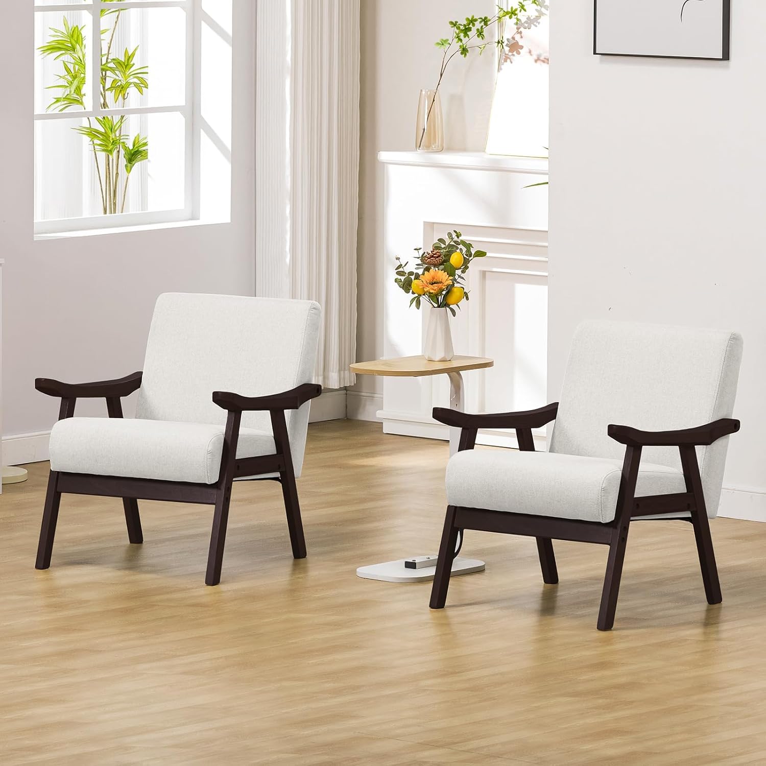 COMHOMA Accent Chair, Mid Century Modern Chair with Solid Wood Armrest, Comfy Upholstered Reading Armchair for Living Room, Bedroom, Balcony (Brown Curved Armrests, Beige)