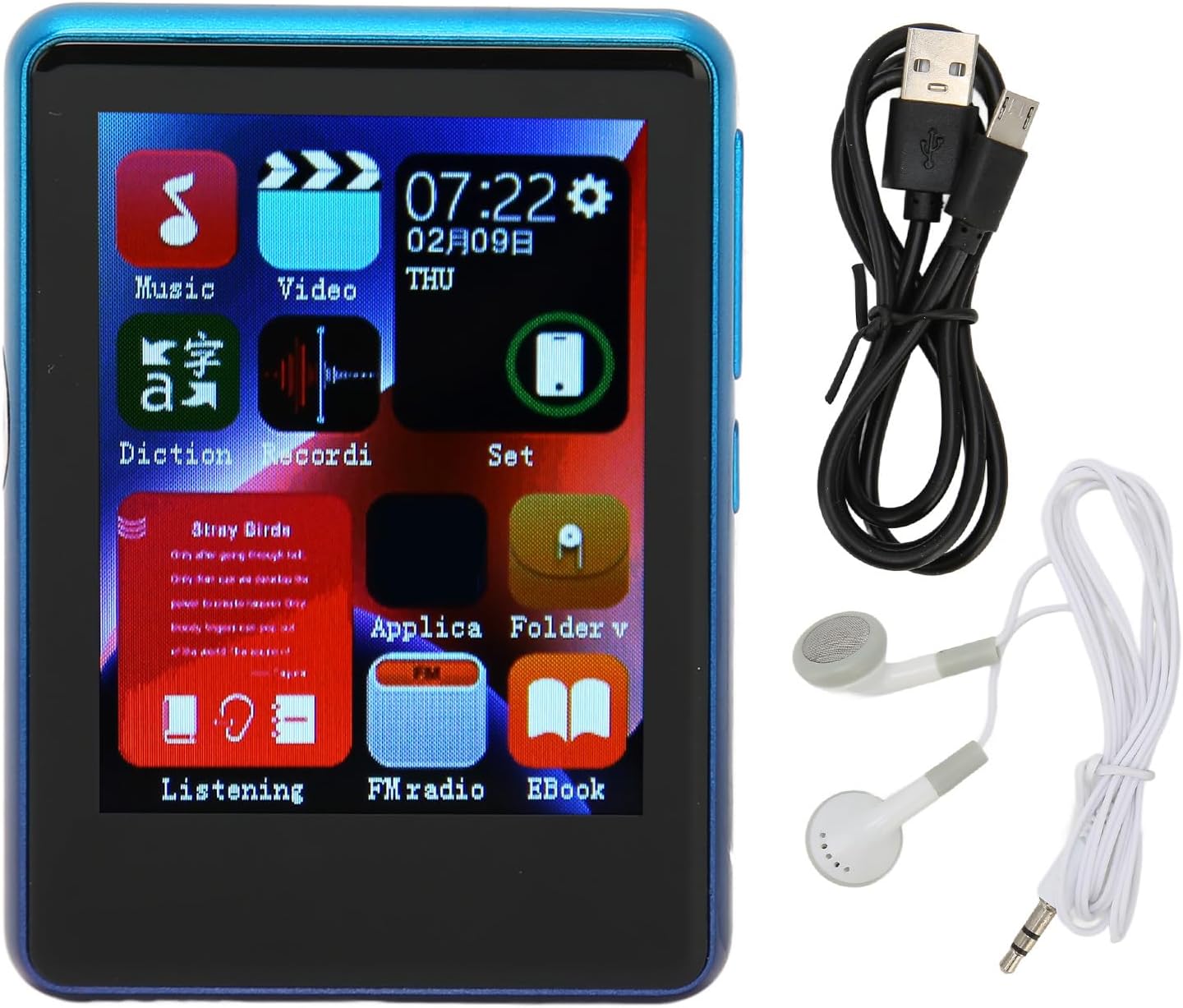 Yunir MP3 Player, wired headphones, and USB charging cable