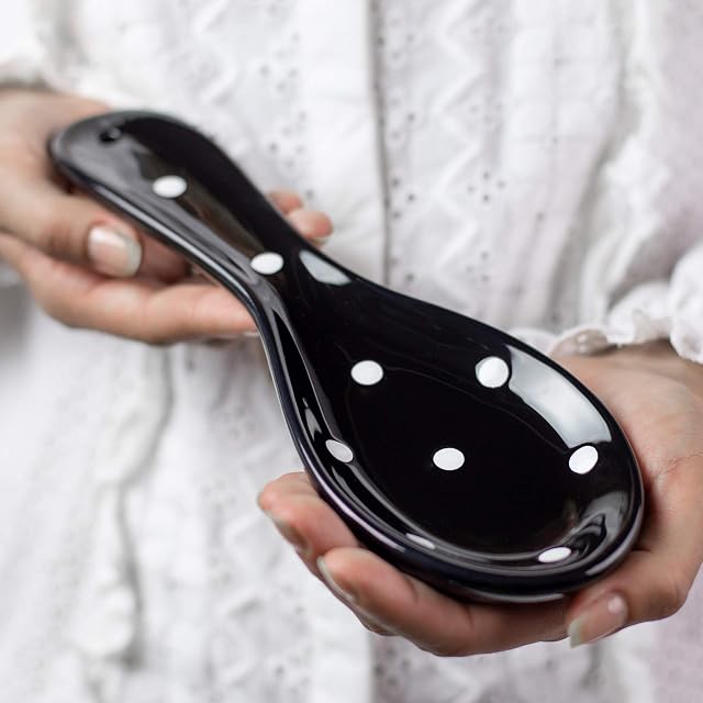 City to Cottage® Black and White Polka Dot Handmade Hand Painted Ceramic Kitchen Cooking Spoon Rest | Utensil Holder