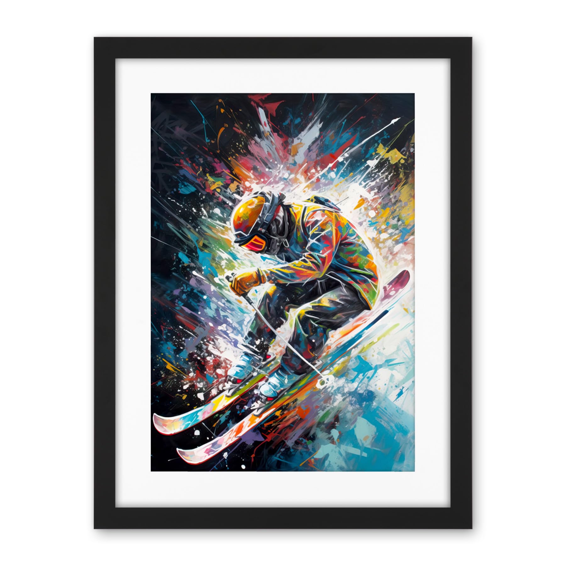 Artery8 Skier Skiing Vibrant Splatter Art Motion Painting Artwork Framed Wall Art Print 18X24 Inch