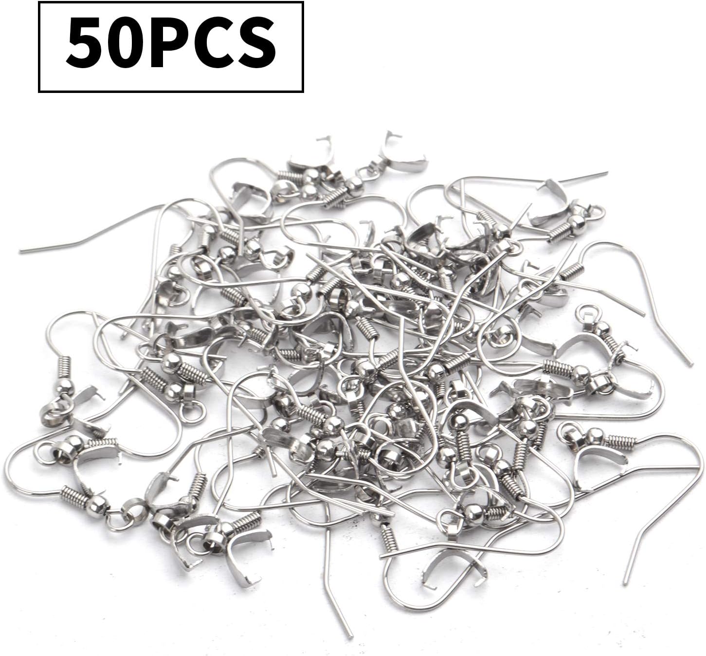 Hypoallergenic Stainless Steel French Earring Hooks - 50pcs Wire Ear Ball Hooks With Pendant Clasp for Jewelry Making Crafts DIY, Silver - Image 3