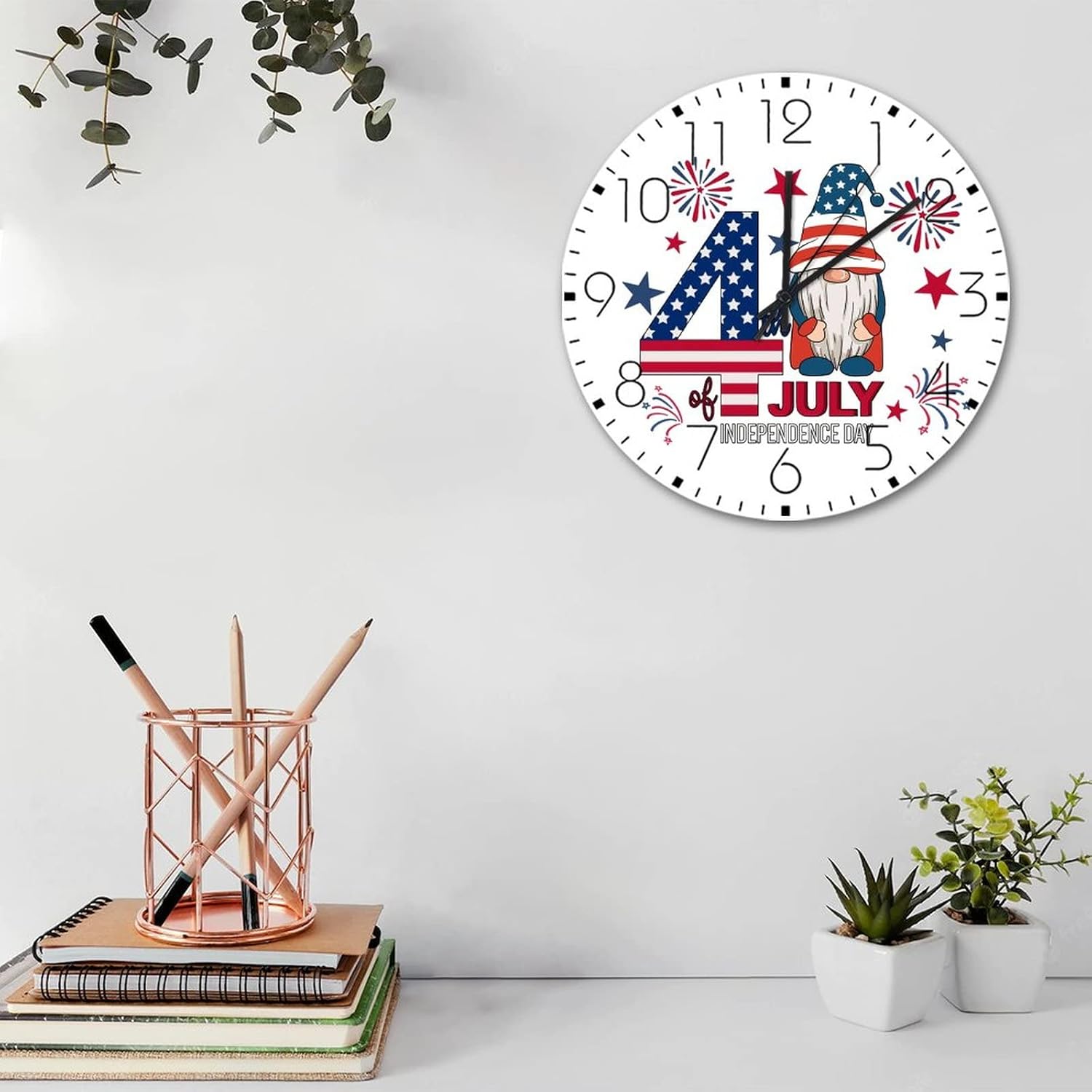 12 Inch Minimalist Wood Clock 4th of July Gnomes Wall Decor for School Rustic Independence Day Wall Clocks Double-Sided Round Wooden Wall Clock Vintage for Indoor Girls Room