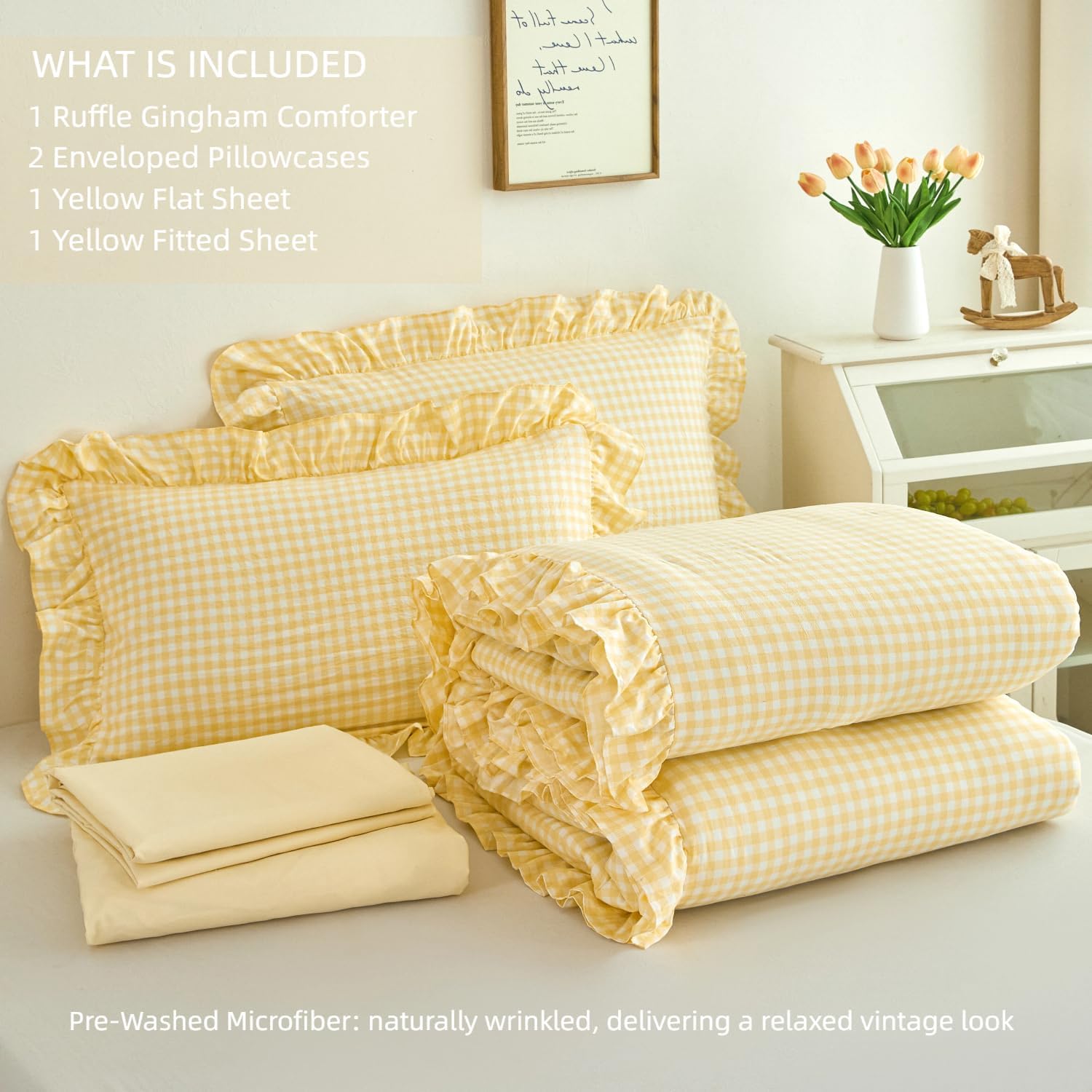 SUCSES Yellow Gingham Ruffle Comforter Set for Kids Twin 5 Pieces Ruffled Plaid Bedding for All Seasons Soft Lightweight Grid Printed Bed Comforter Sets (Yellow Gingham, Twin)