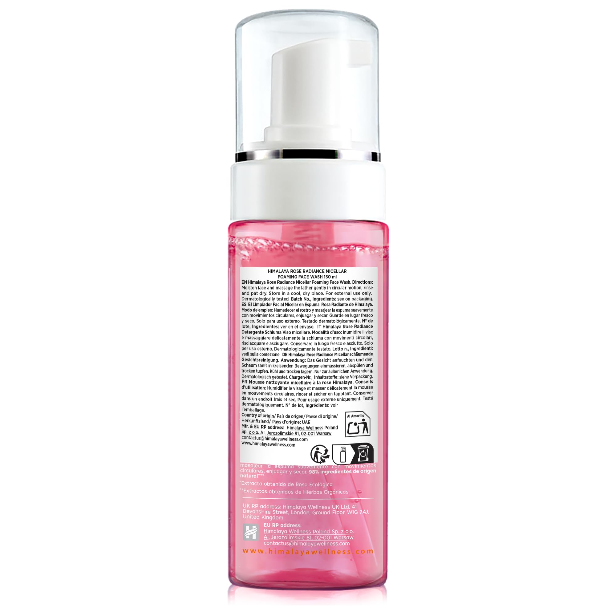 Himalaya Rose Radiance Nettoyant moussant micellaire pour le visage, élimine le maquillage imperméable, 150 ml