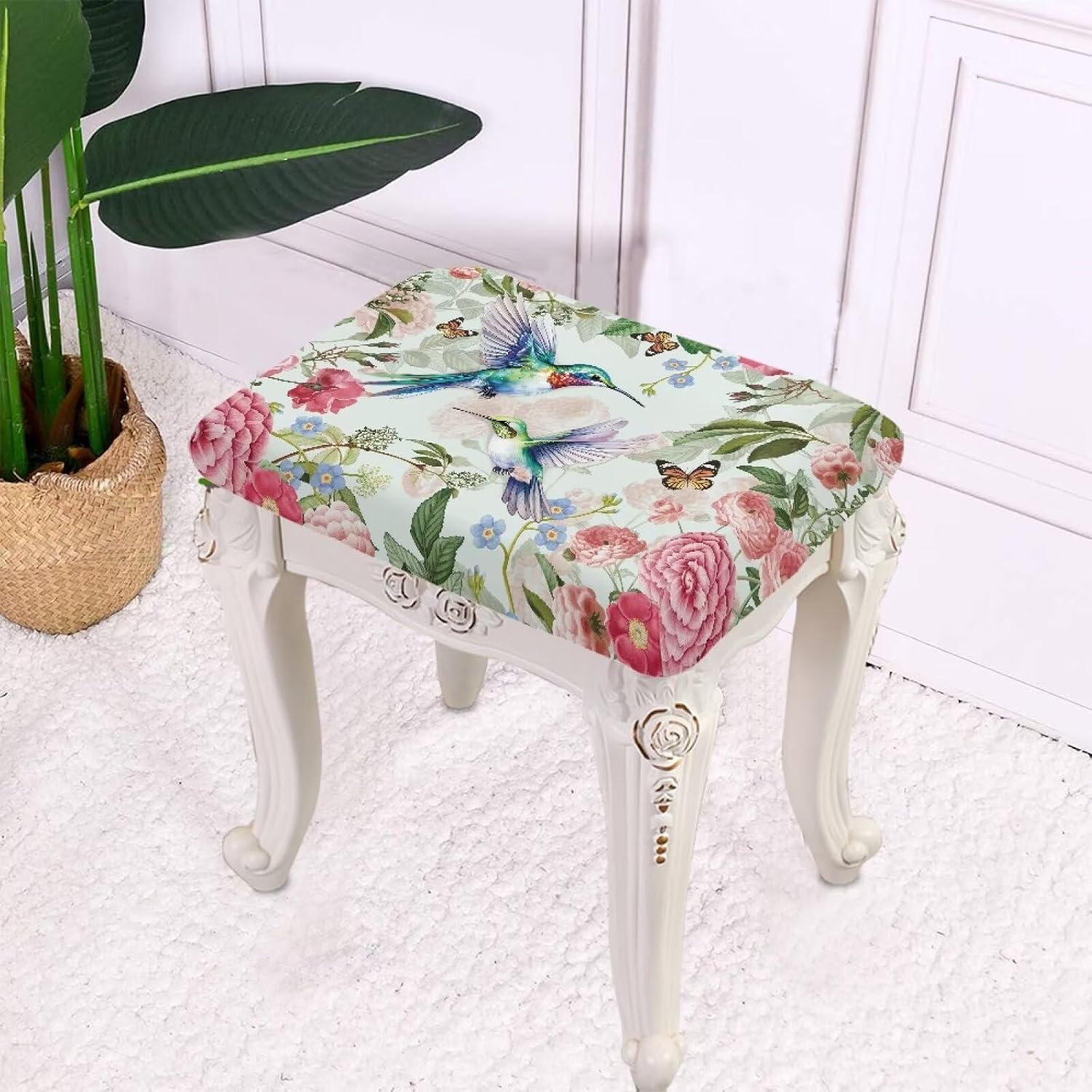Hummingbird Butterfly Peony Flower Pattern Rectangle Bar Stool Covers, Non Slip Bar Stool Chair Seat Covers Thick Wear Resistant Chair Slipcover with Elastic Band for Living Room, Pack of 4
