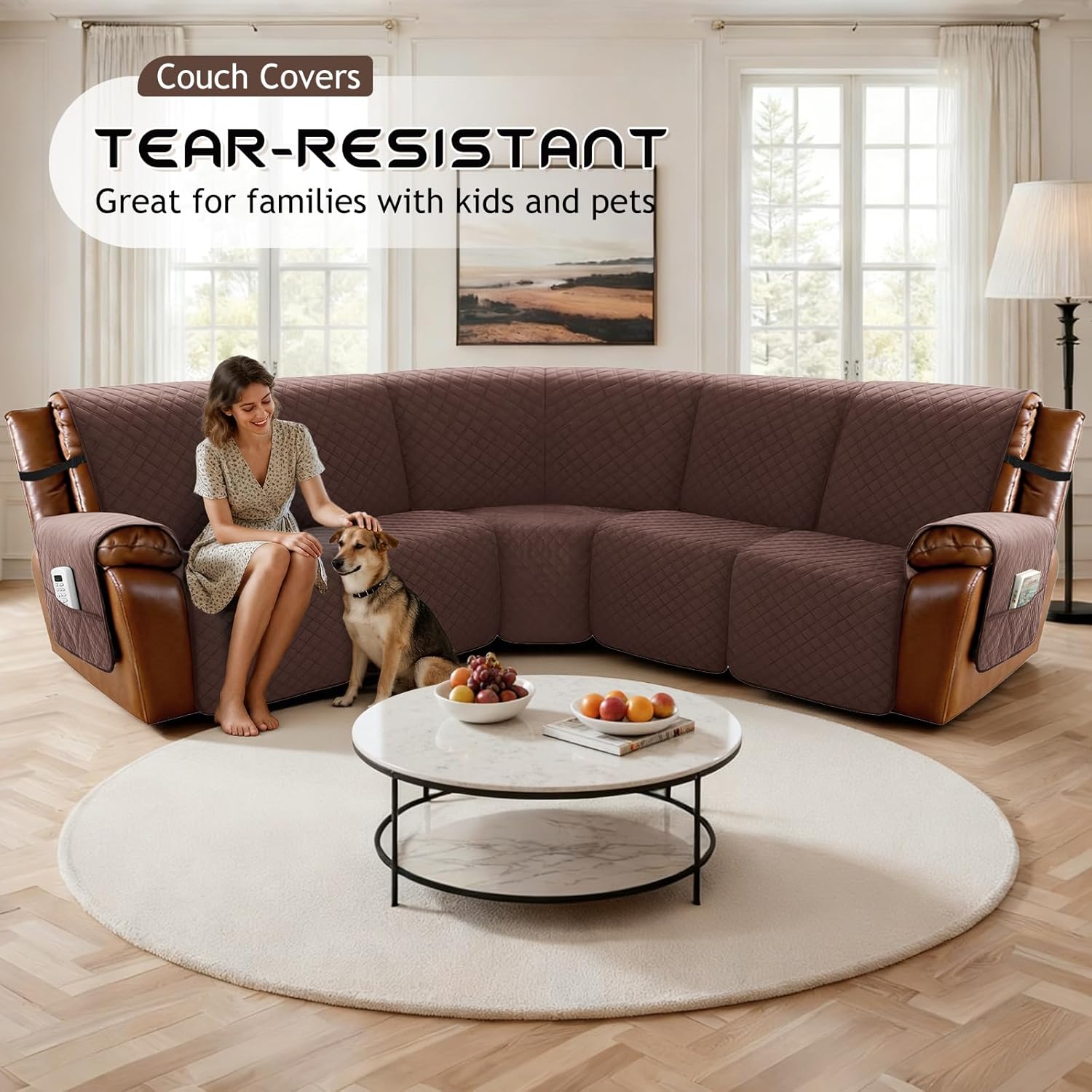 Arfntevss Waterproof Recliner Sectional Couch Covers for Reclining Sectional L Shape Sofa Cover Non Slip Washable Recliner L Shaped Slipcover Sets for Dog Furniture Protector (5 Seater, Dark Brown)